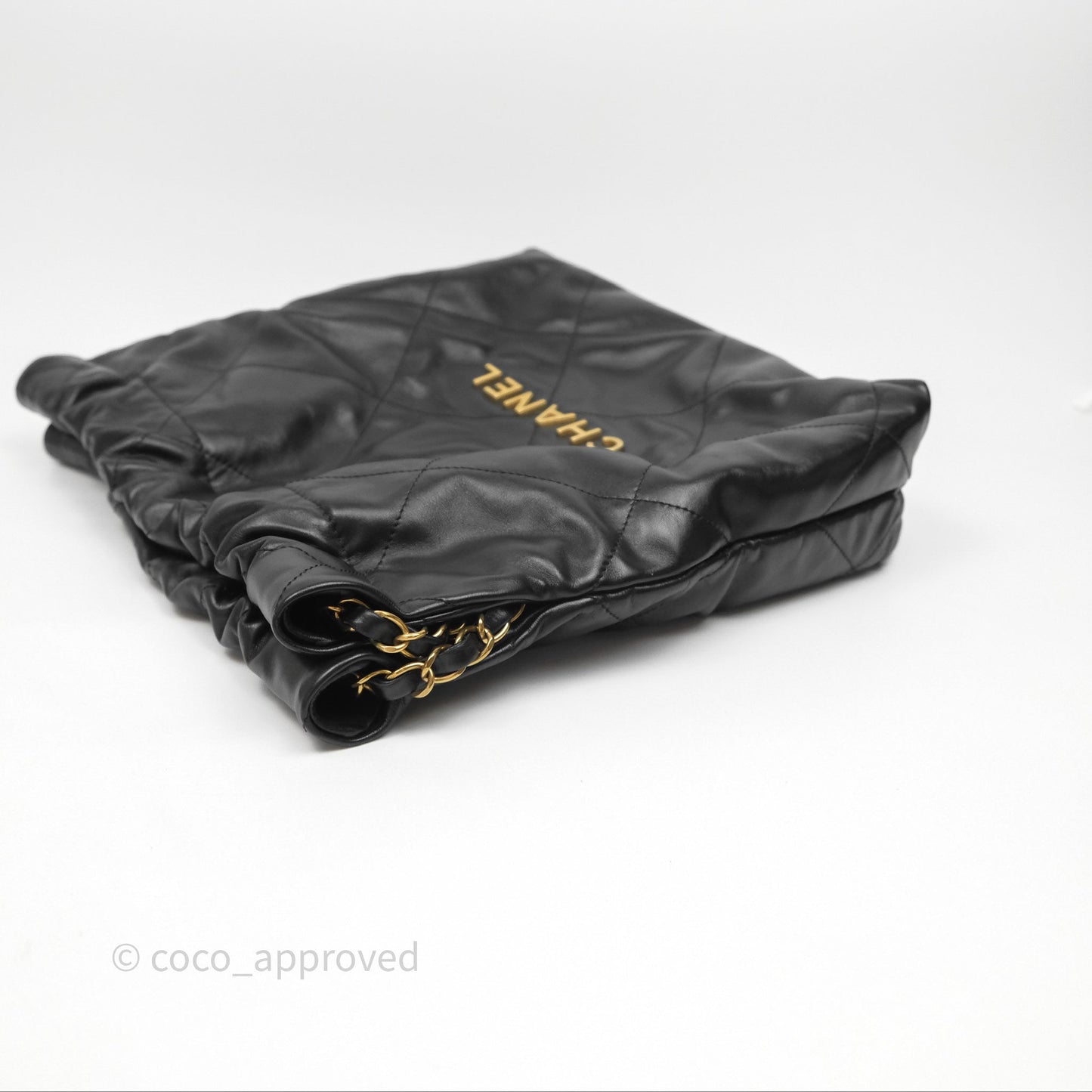 Chanel 22 Bag Small Black Shiny Calfskin Aged Gold Hardware