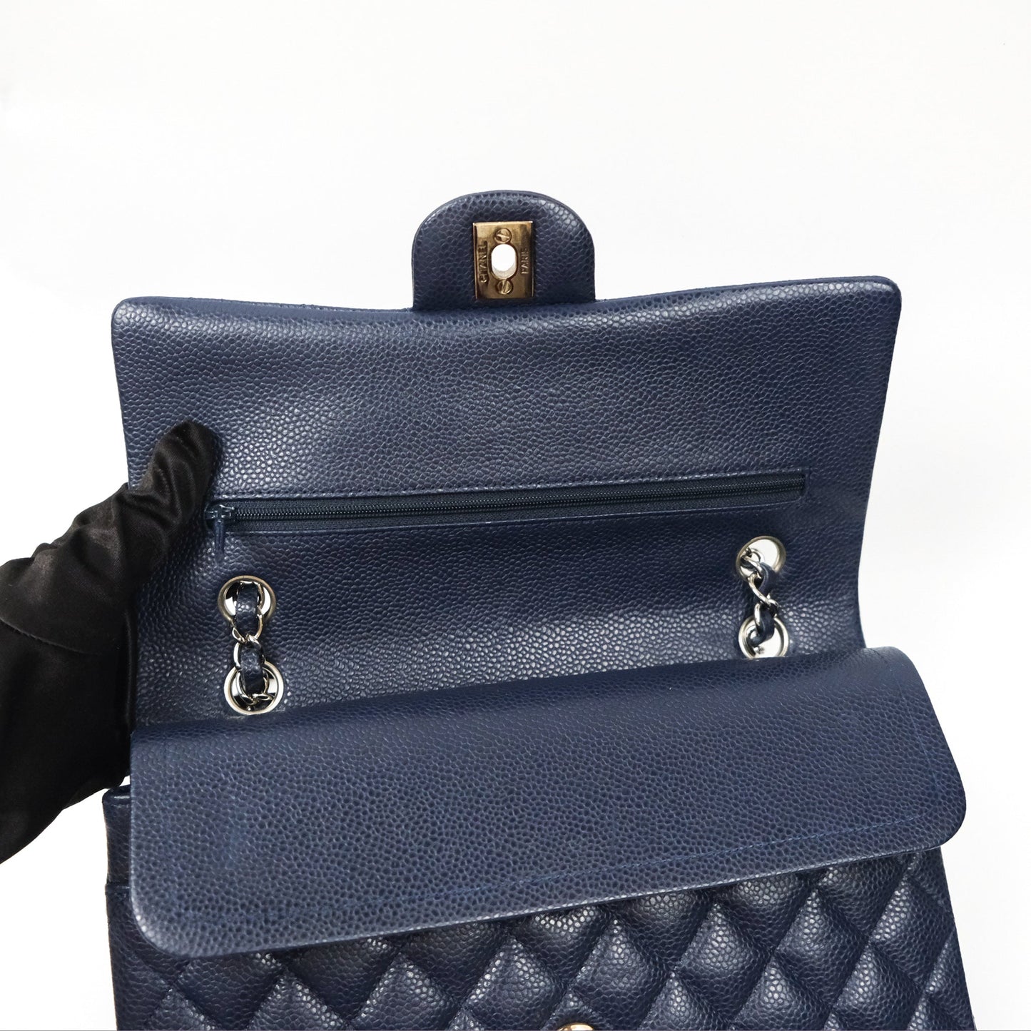 Chanel Classic M/L Medium Flap Quilted Navy Caviar Silver Hardware