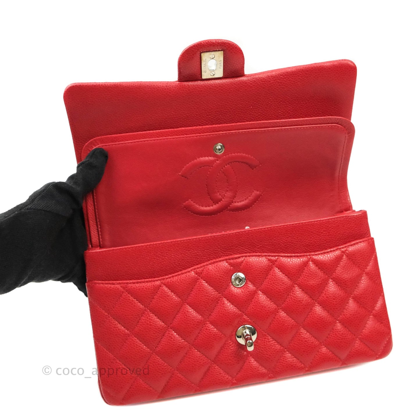 Chanel Classic M/L Medium Double Flap Red Caviar Silver Hardware