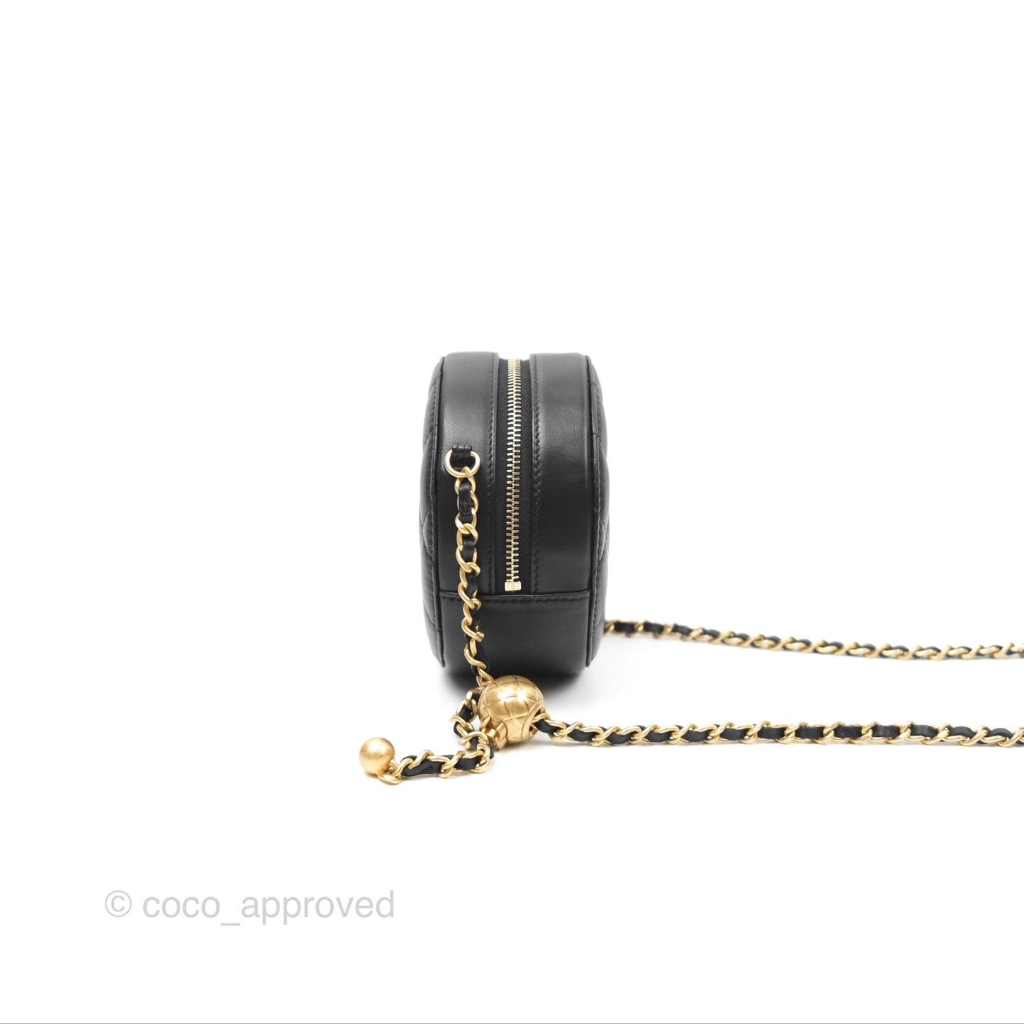 Chanel Quilted Round Pearl Crush Clutch With Chain Black Lambskin Aged Gold Hardware