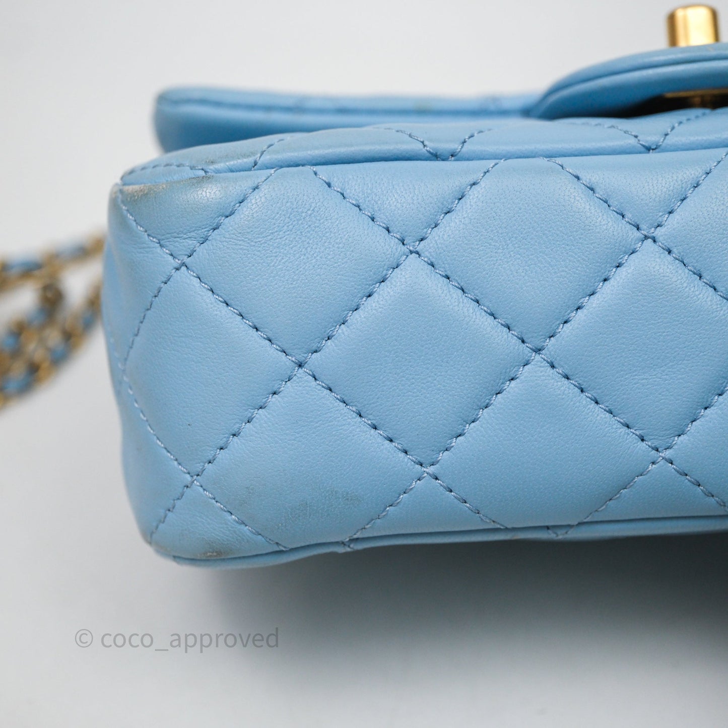 Chanel Mini Rectangular Pearl Crush Quilted Blue Lambskin Aged Gold Hardware