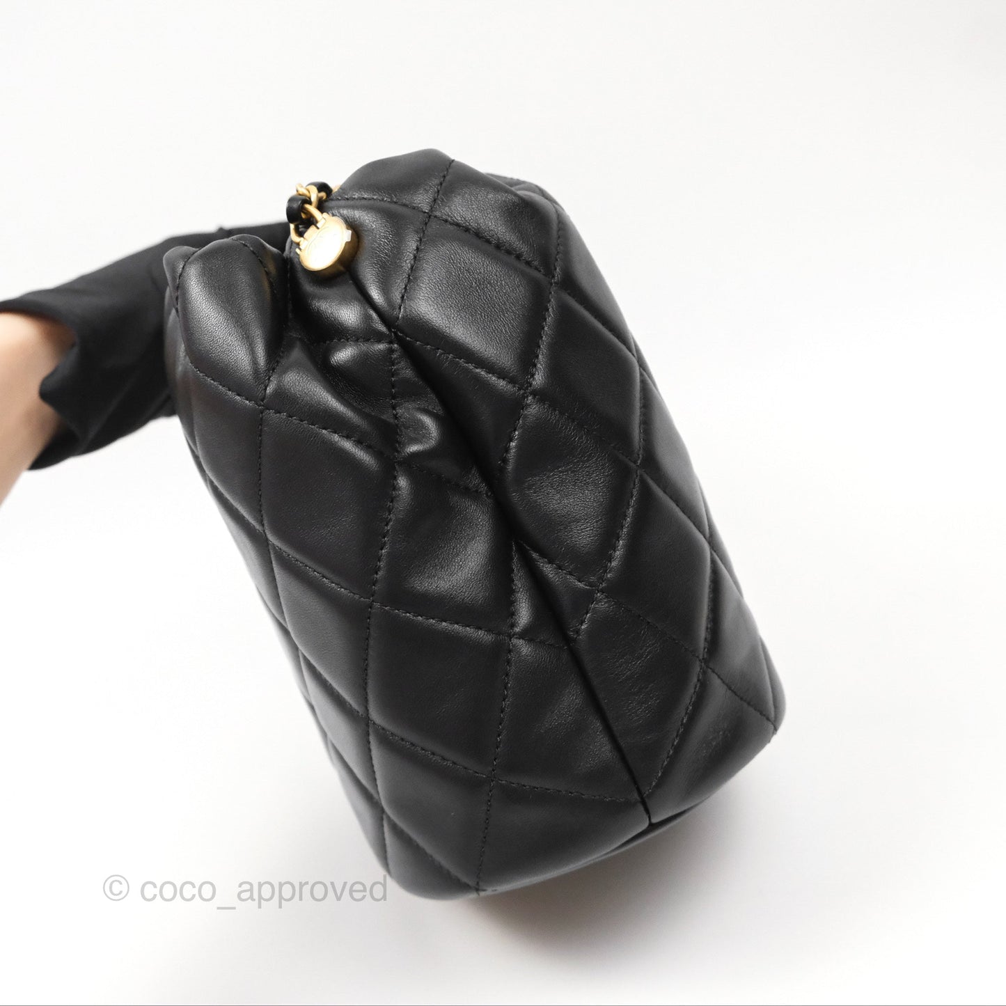 Chanel Quilted My Perfect with Pearl Drawstring Bucket Bag Black Lambskin Aged Gold Hardware
