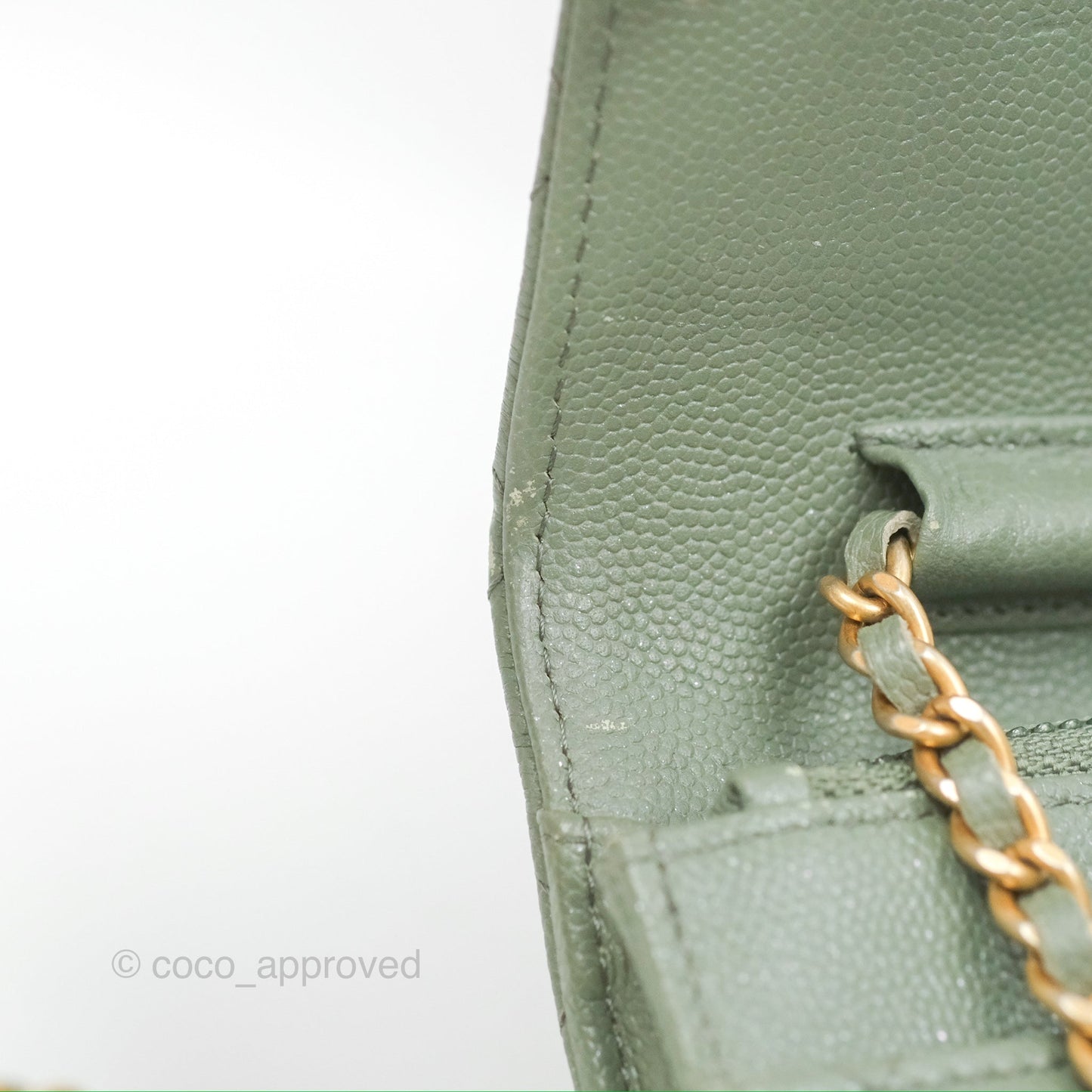 Chanel Classic Quilted Wallet On Chain WOC Glitter Dark Tiffany Green Caviar Aged Gold Hardware