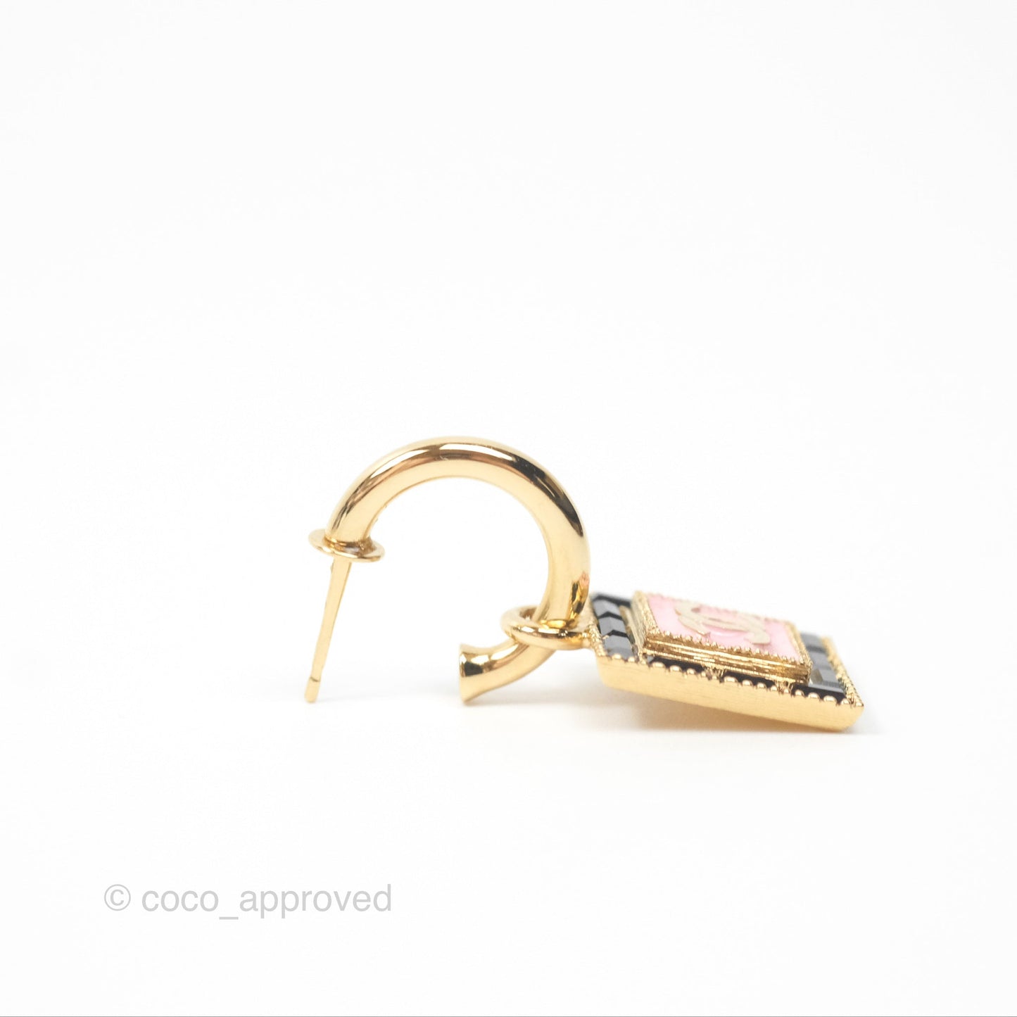 Chanel Square Pink CC Hoop Earrings Gold Tone 24S