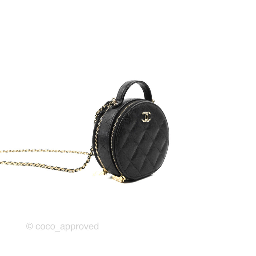 Chanel Mini Round Vanity Bag Handle With Care Black Caviar 22C