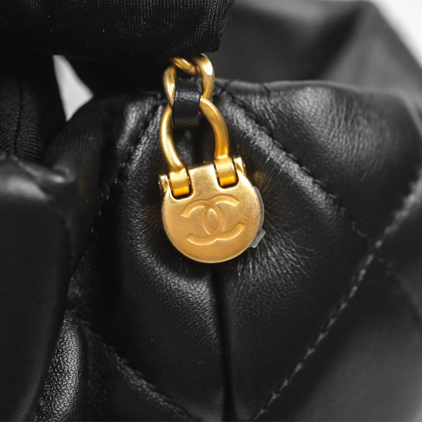 Chanel Quilted My Perfect with Pearl Drawstring Bucket Bag Black Lambskin Aged Gold Hardware