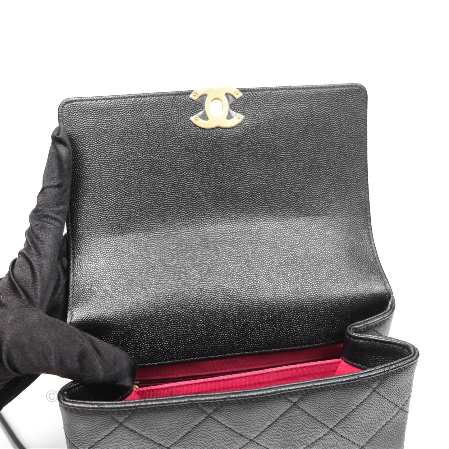 Chanel Bracelet On Chain Flap Bag Flat Quilted Black Caviar Aged Gold Hardware