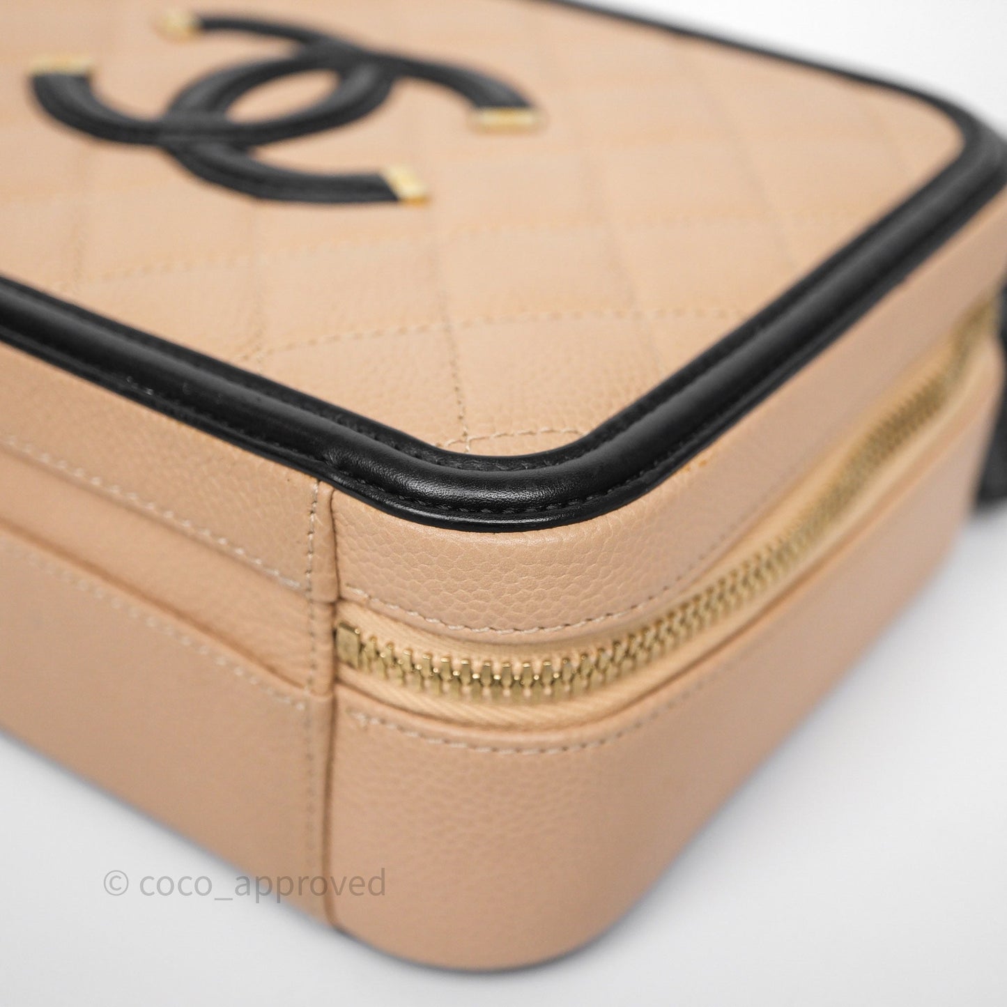 Chanel Quilted Medium CC Filigree Vanity Case Beige Black Caviar Aged Gold Hardware