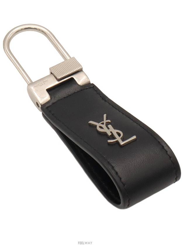 Luxury Saint Laurent Black calfskin monogram silver mini key ring 668961