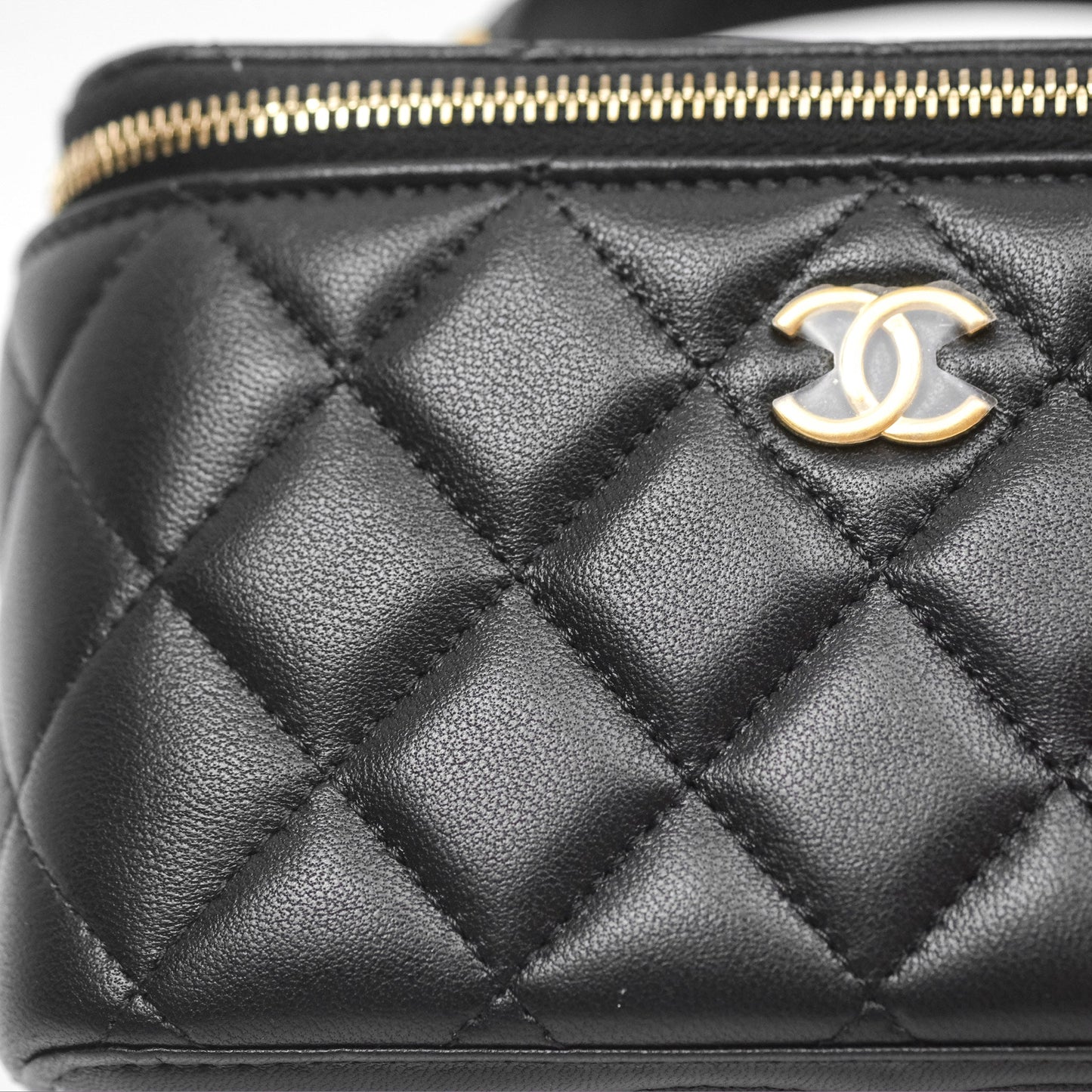 Chanel Vanity Rectangular Metal Top Handle Black Lambskin Aged Gold Hardware 22B
