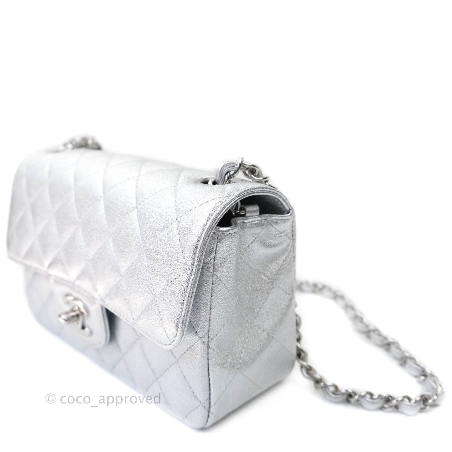 Chanel Quilted Mini Rectangular Flap Metallic Silver Lambskin Silver Hardware
