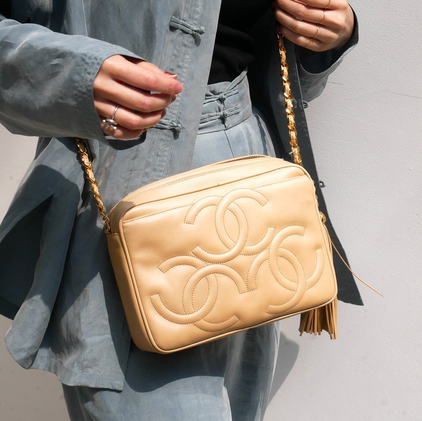 Luxury Chanel 1994-1996 Triple CC Camera Bag Small Beige Lambskin