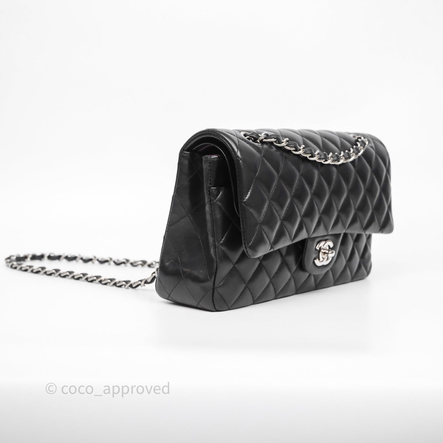 Chanel Classic M/L Medium Flap Quilted Black Lambskin Silver Hardware
