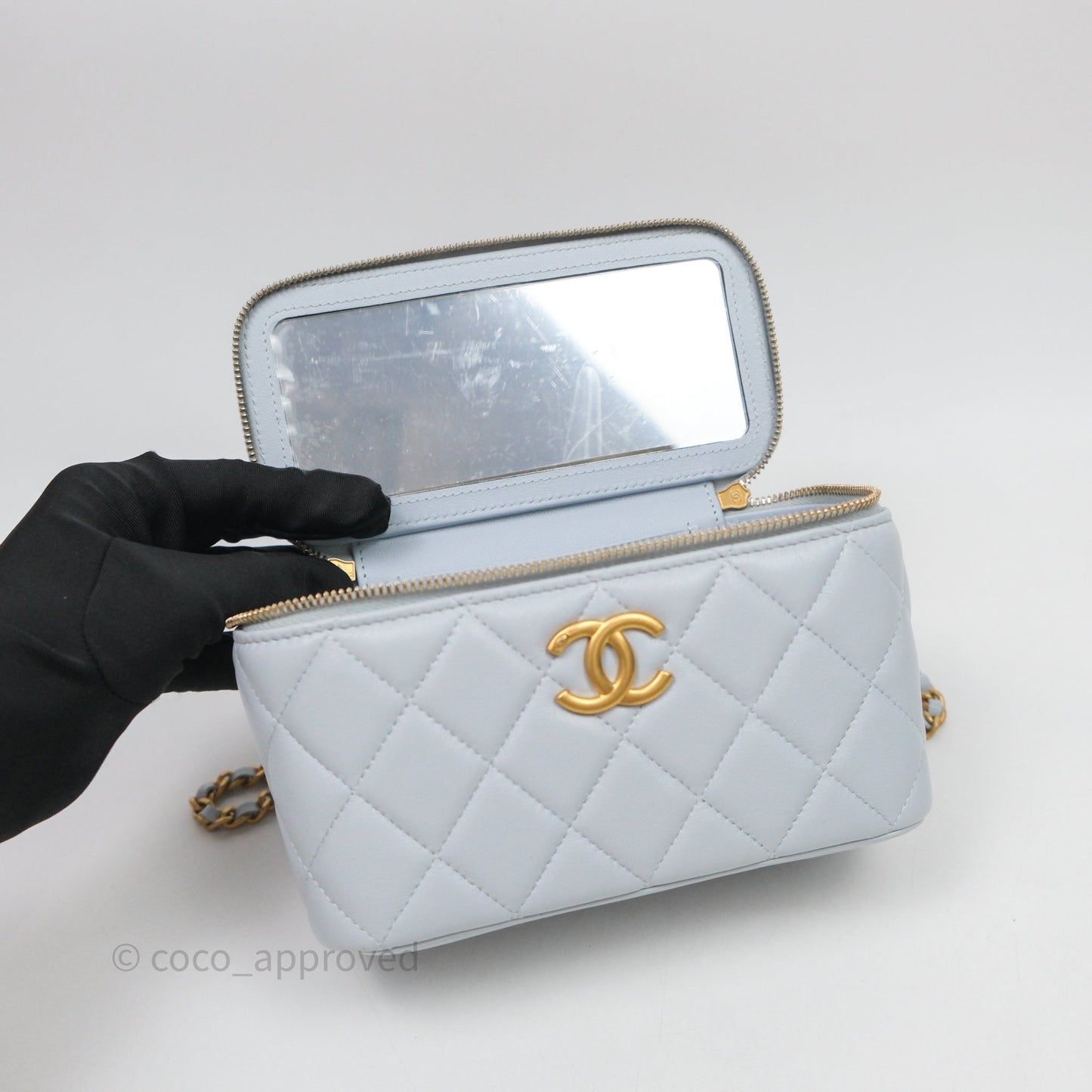 Chanel Vanity with Adjustable Chain Blue Lambskin Aged Gold Hardware