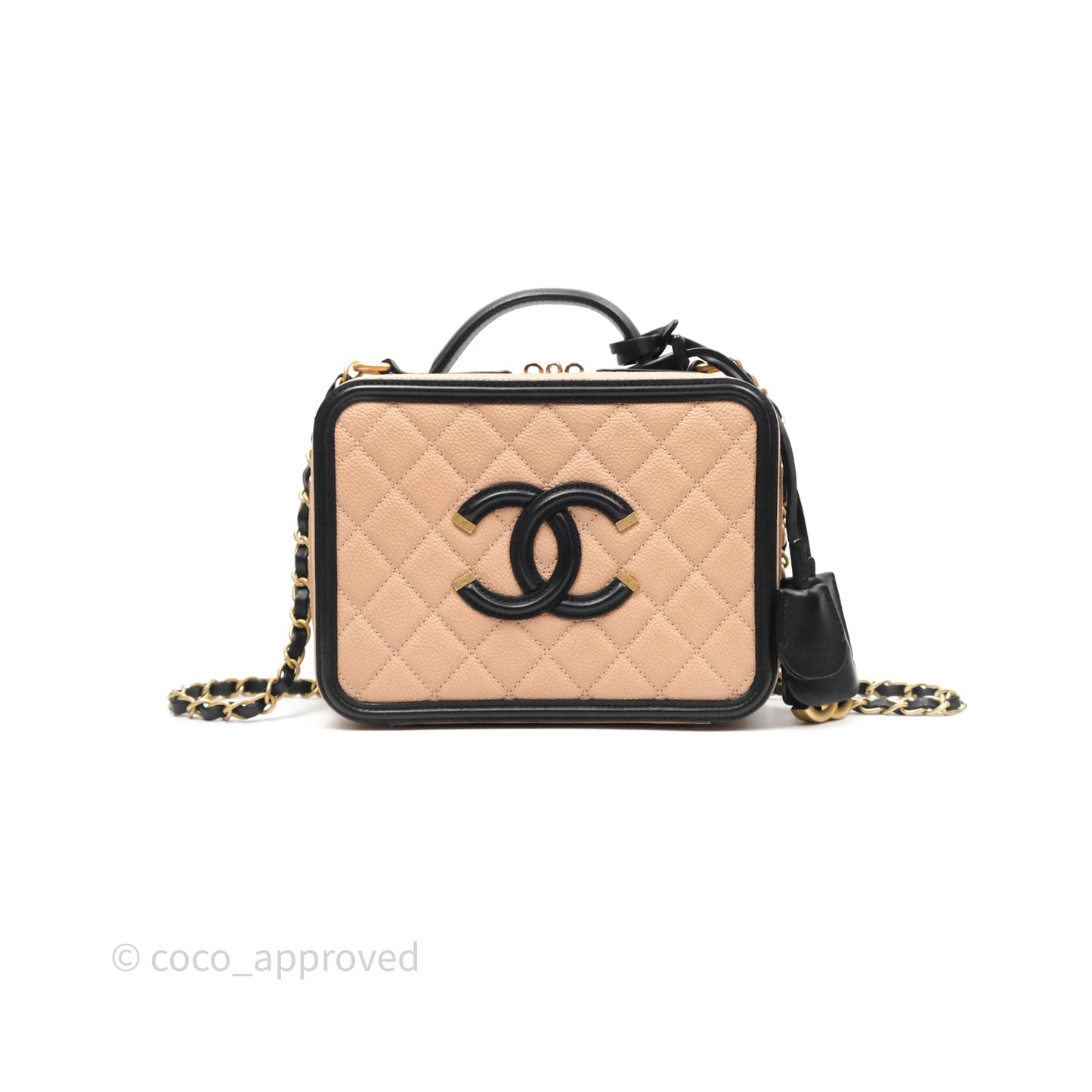 Chanel Quilted Medium CC Filigree Vanity Case Beige Caviar Gold Hardware