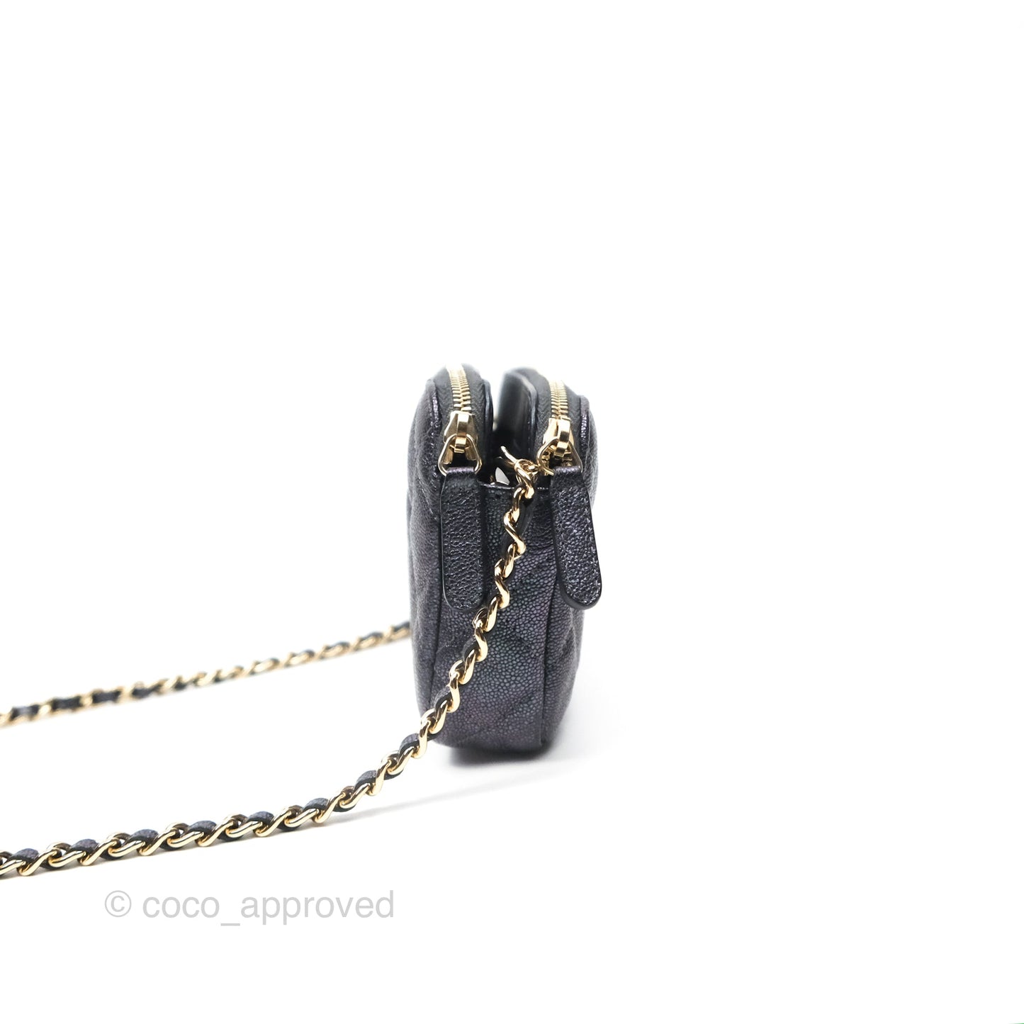 Chanel Quilted Zip Clutch With Chain Iridescent Dark Grey Caviar Gold Hardware