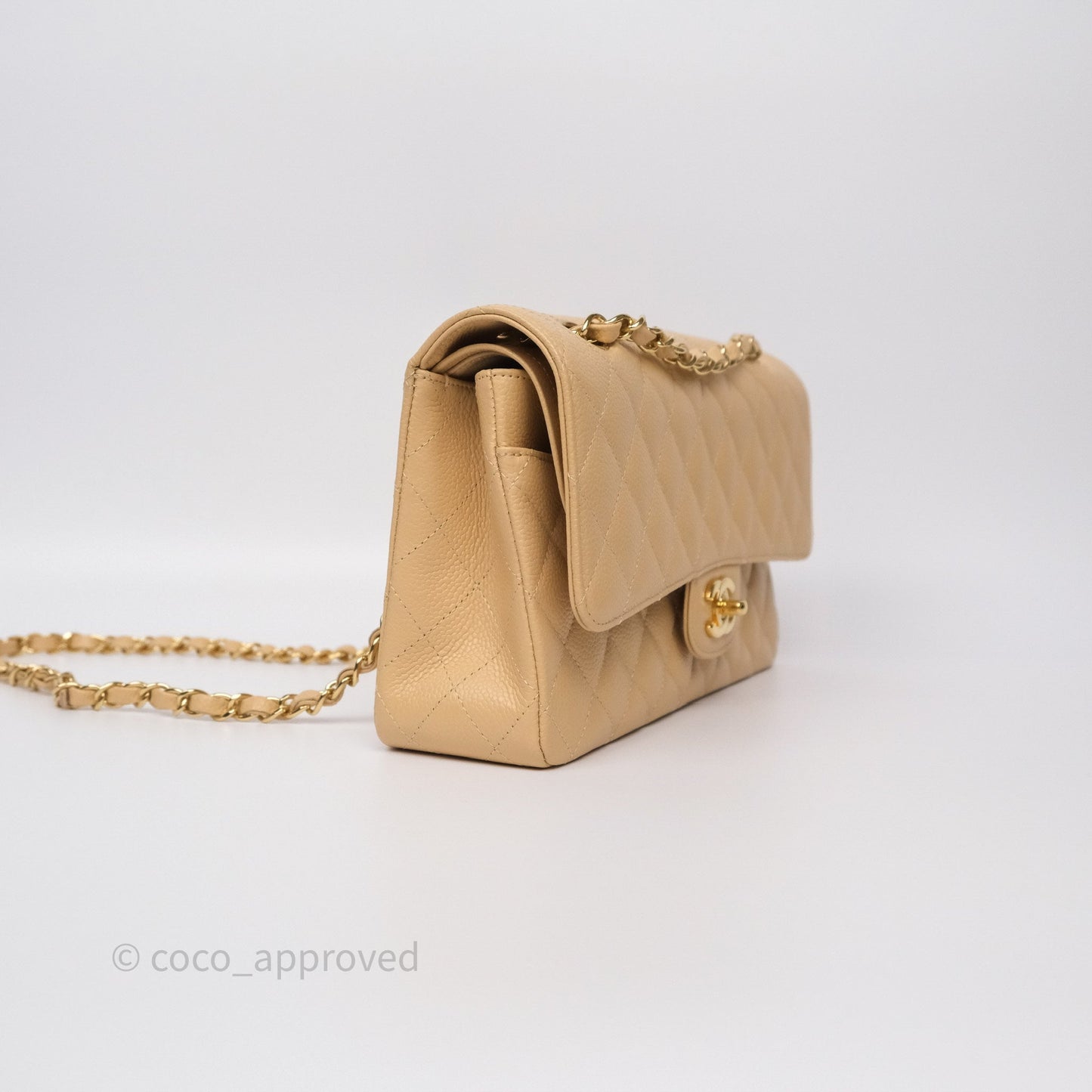Chanel M/L Medium Classic Flap Quilted Beige Caviar Gold Hardware