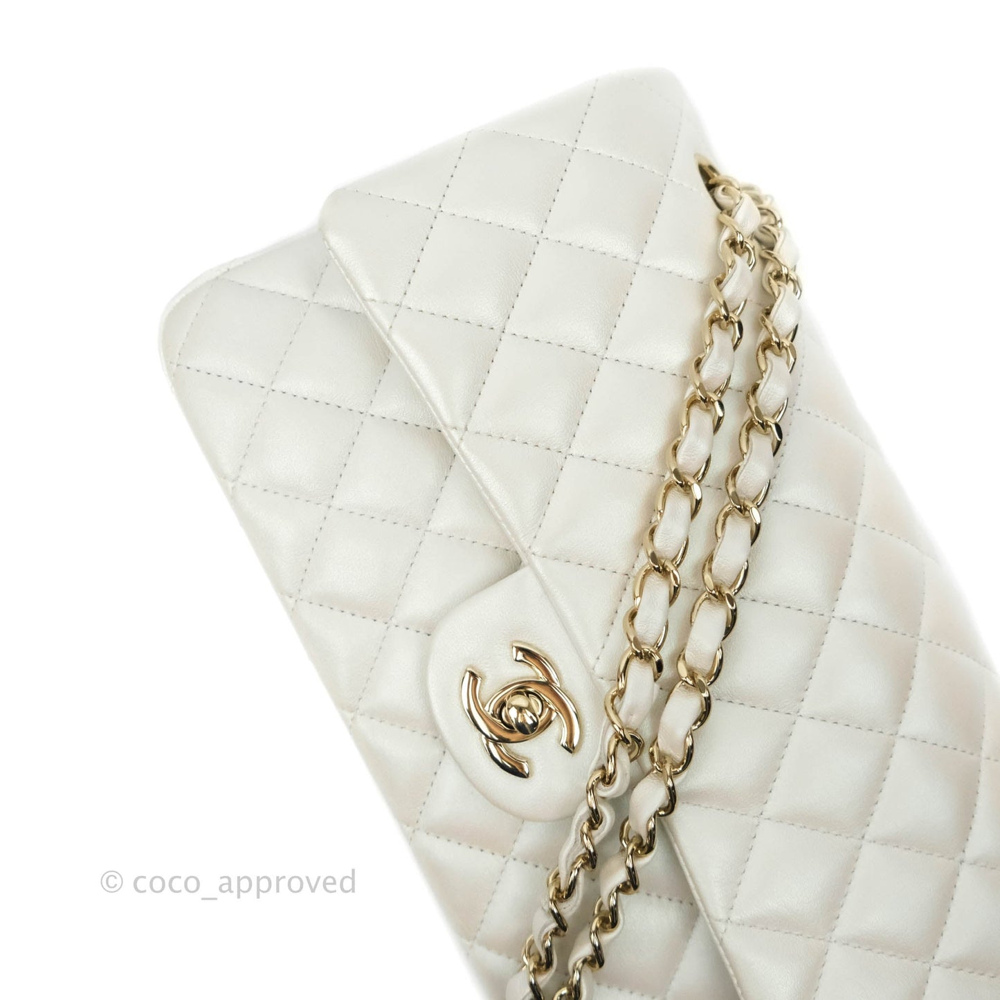 Chanel Classic M/L Medium Double Flap Iridescent White Lambskin Gold Hardware