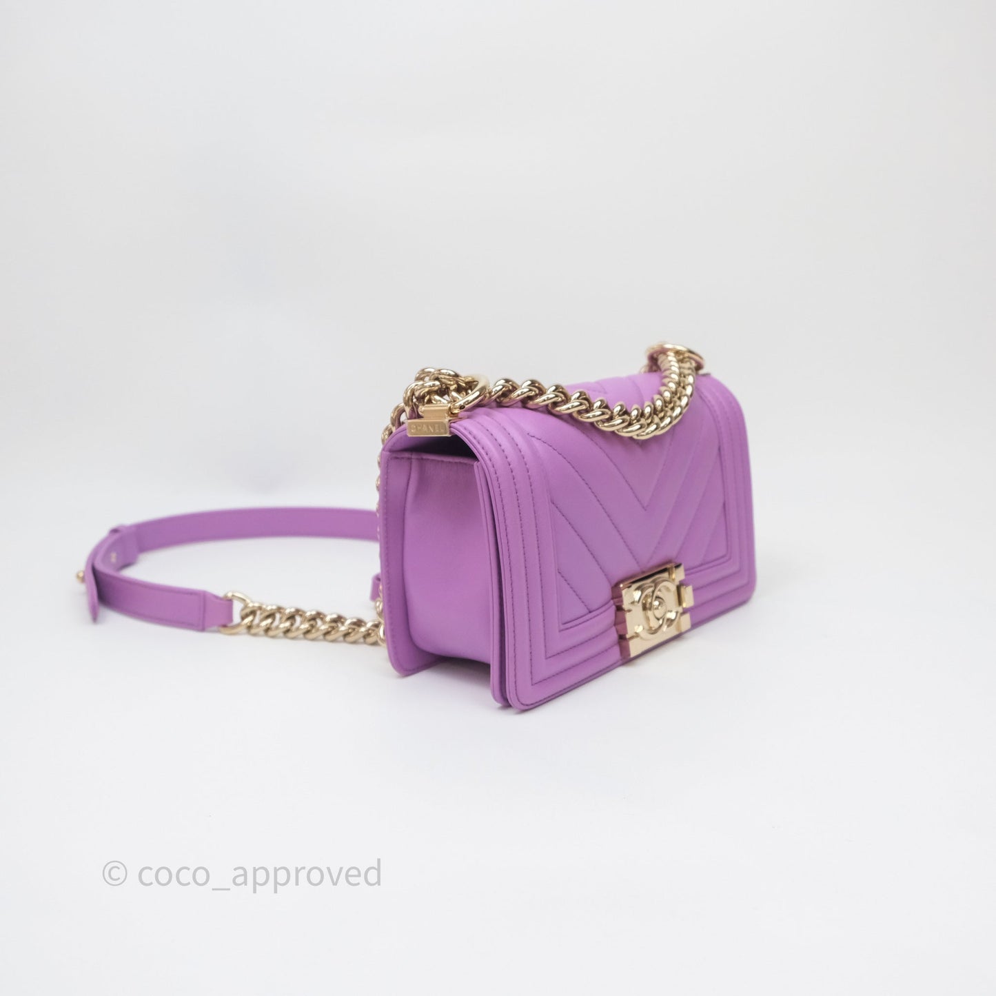 Chanel Chevron Small Boy Purple Calfskin Gold Hardware