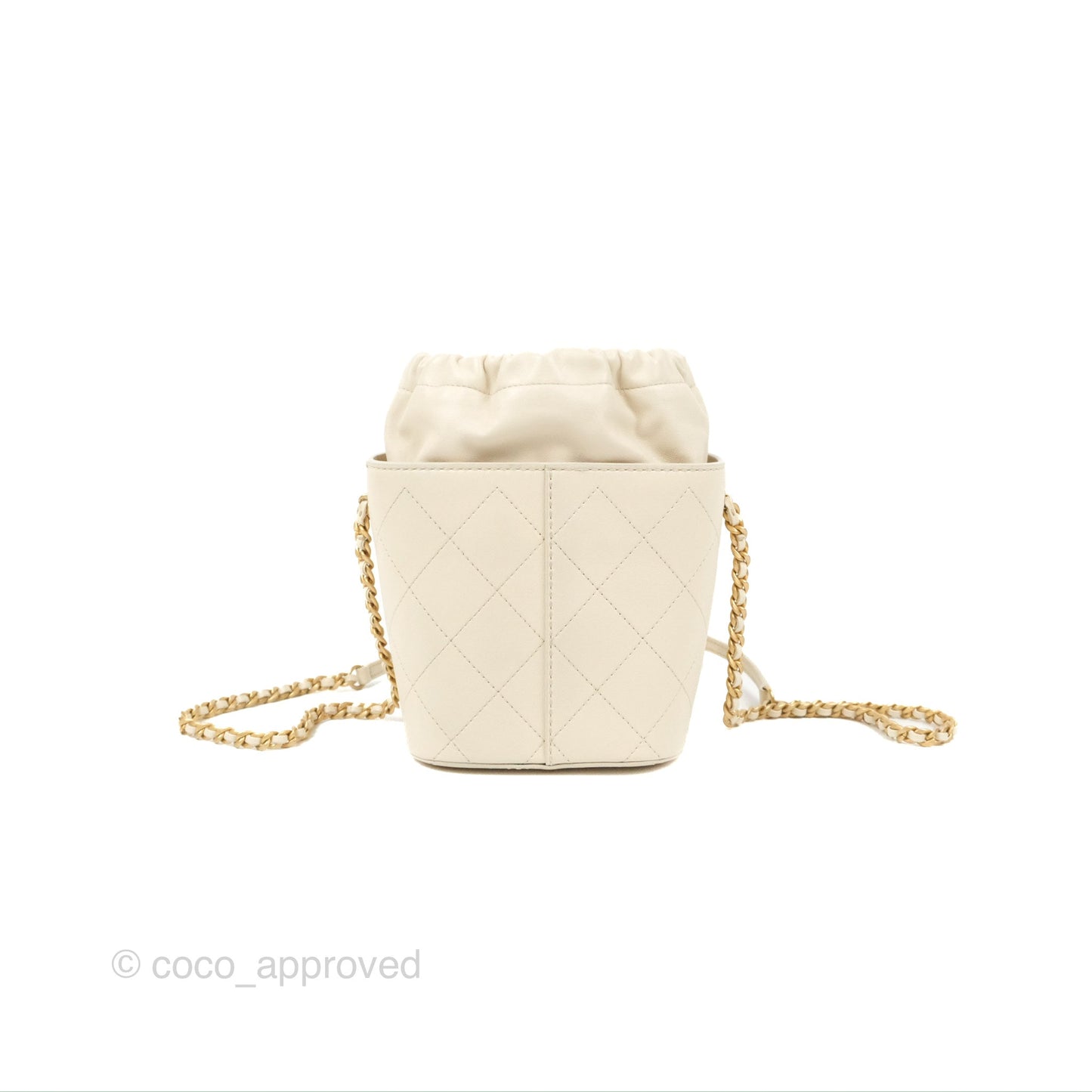 Chanel Quilted Drawstring Bucket Bag Ivory Lambskin Aged Gold Hardware 19C