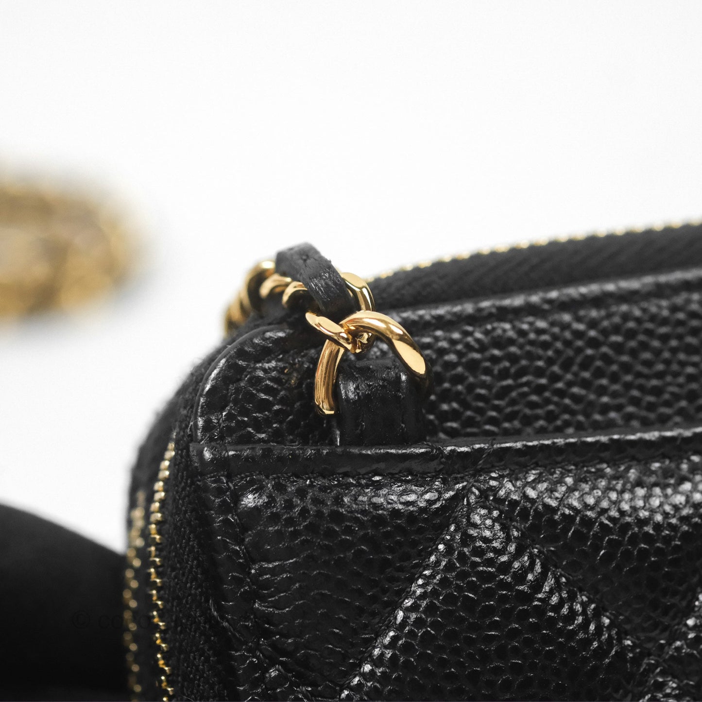 Chanel Miss Coco Quilted Zip Card Holder on Chain Black Caviar Gold Hardware
