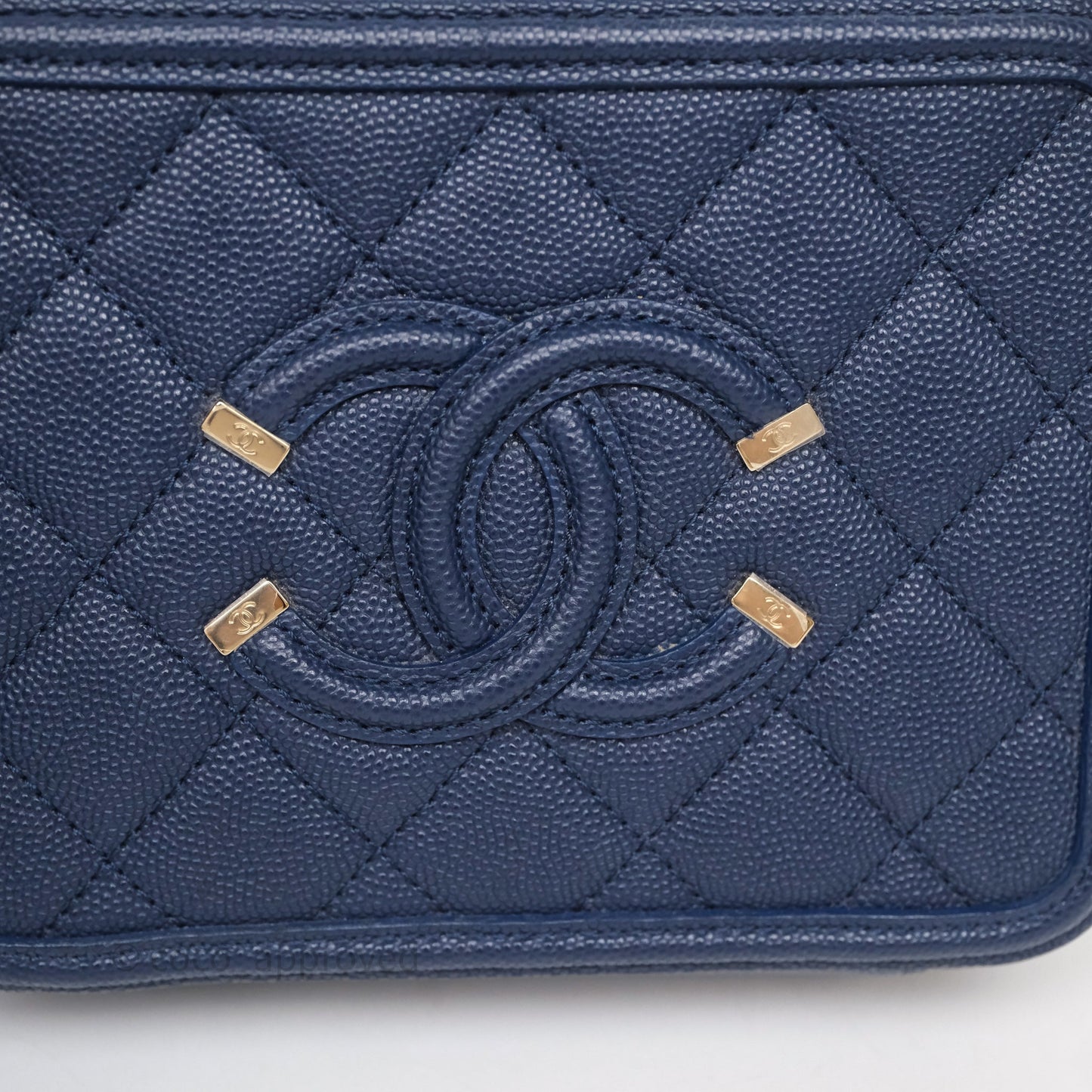 Chanel Quilted Small CC Filigree Vanity Case Navy Caviar Gold Hardware