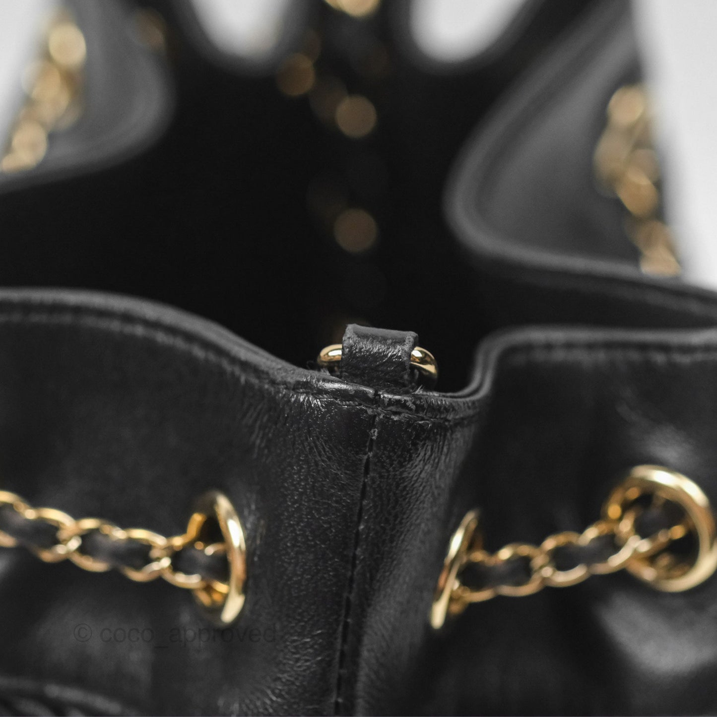 Chanel CC Chain Drawstring Bucket Bag Chevron Black Lambskin Gold Hardware