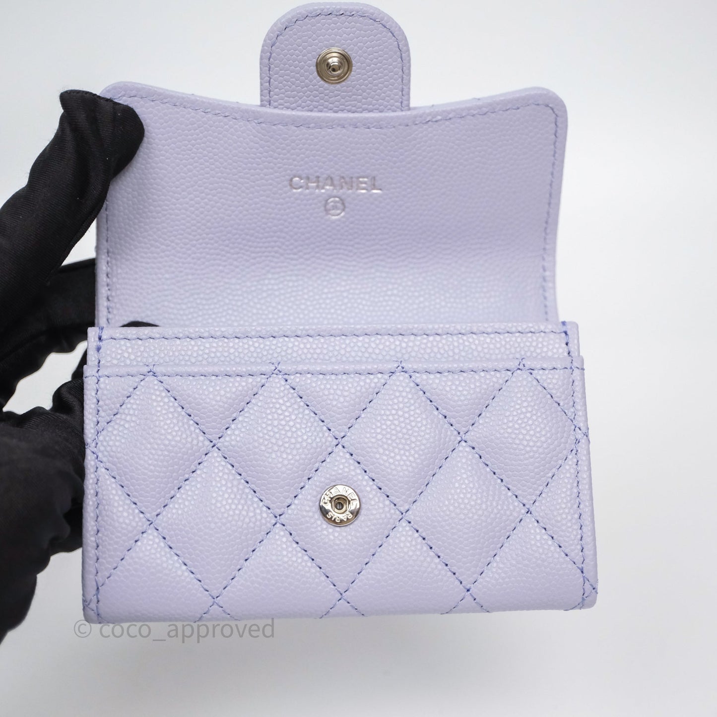 Chanel Quilted Flap Card Holder Lilac Caviar Silver Hardware