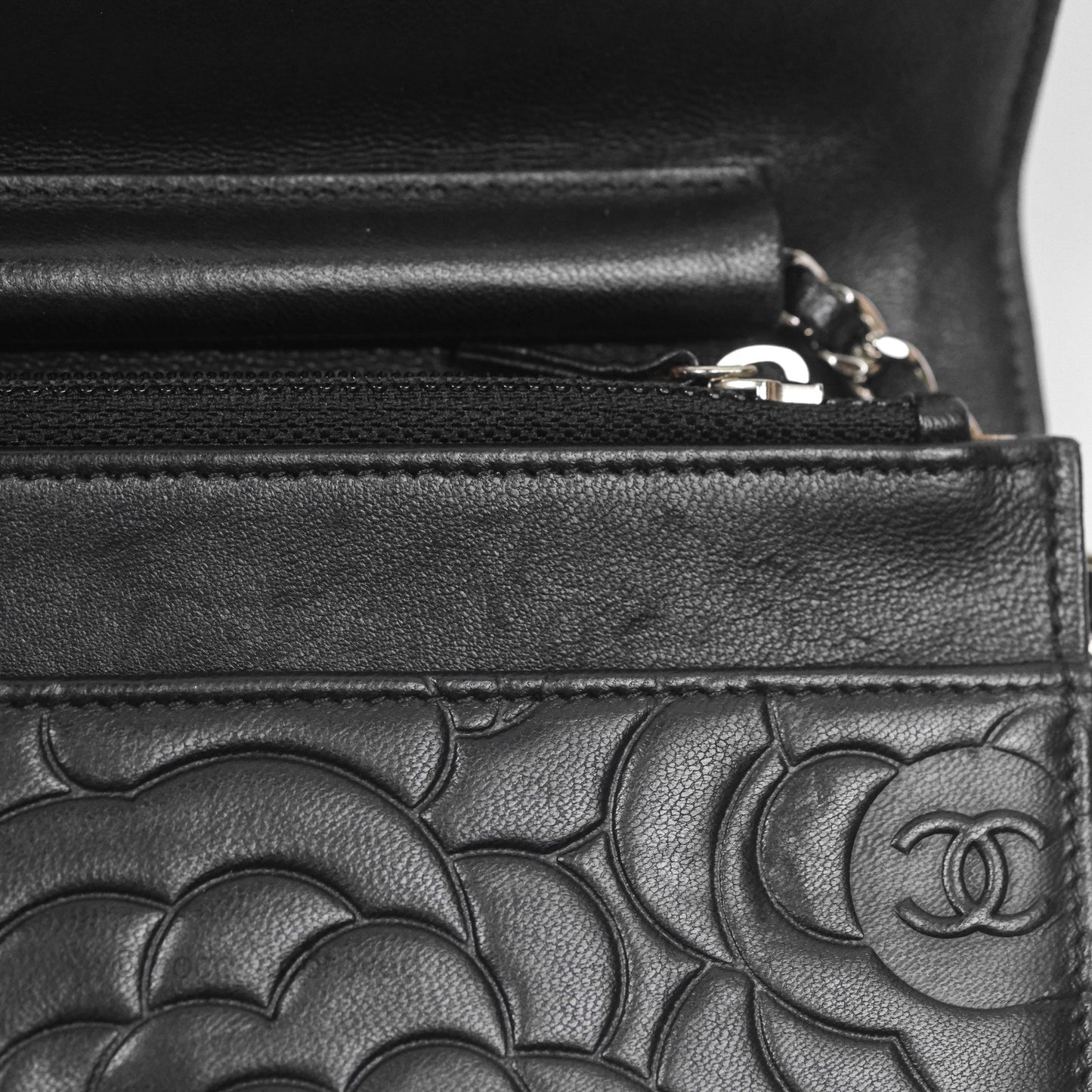 Chanel Camellia Embossed Wallet on Chain WOC Black Lambskin Silver Hardware
