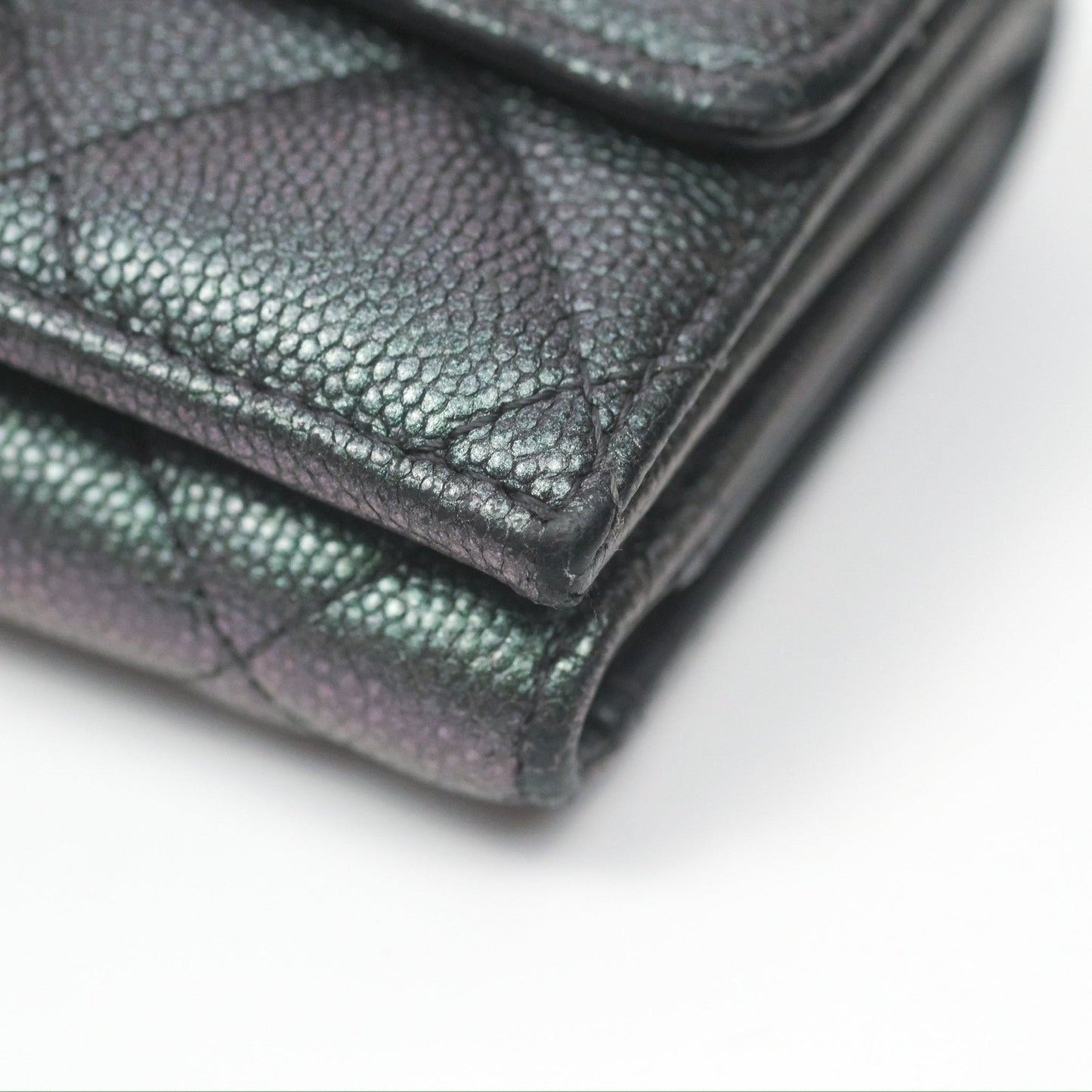 Chanel Quilted White CC Short Wallet Iridescent Green Purple Gold Hardware