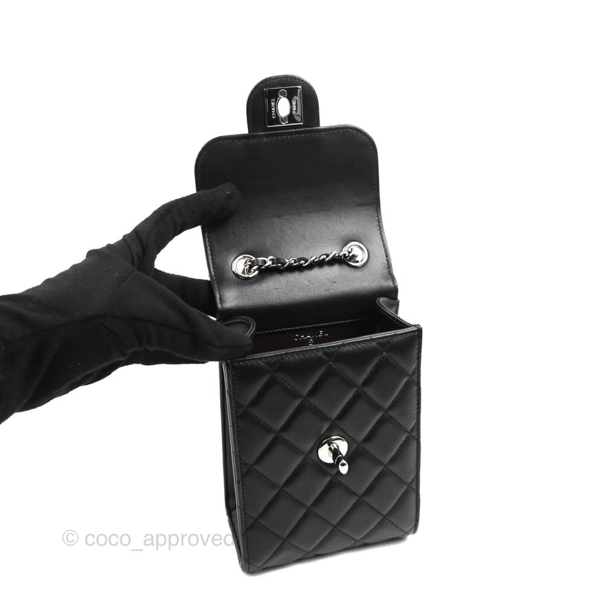 Chanel Classic Quilted Phone Holder Black Lambskin Silver Hardware
