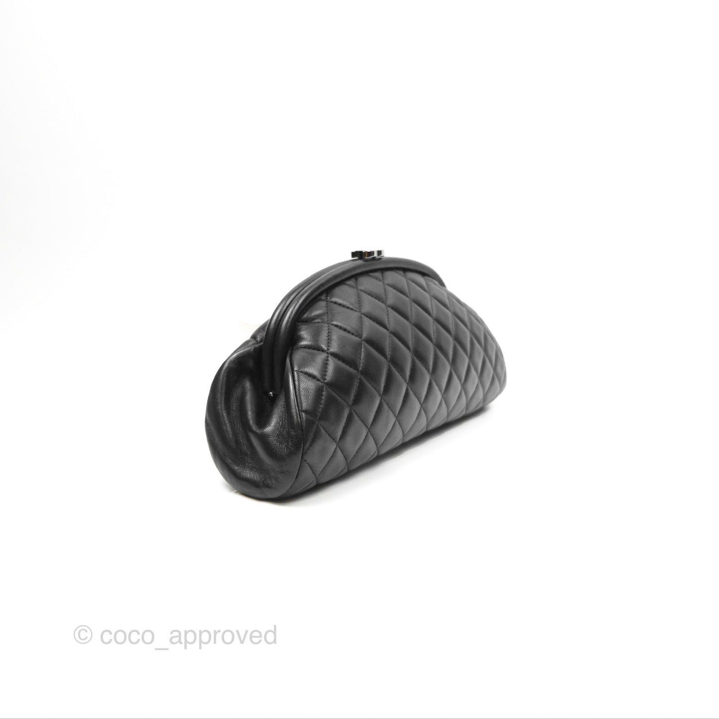 Chanel Quilted Timeless Kisslock Clutch Black Lambskin Silver Hardware