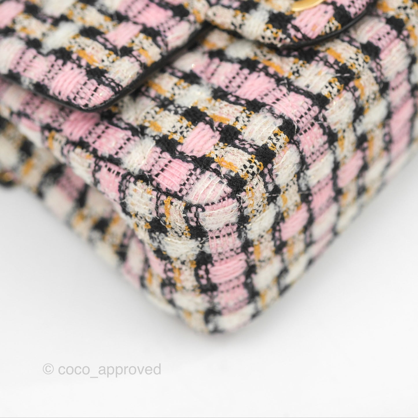 Chanel Pearl Crush Mini Square Quilted Pink Tweed Aged Gold Hardware