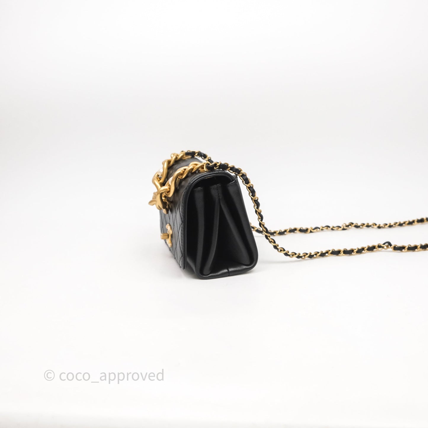 Chanel Pearl Chain Bag Black Calfskin Aged Gold Hardware