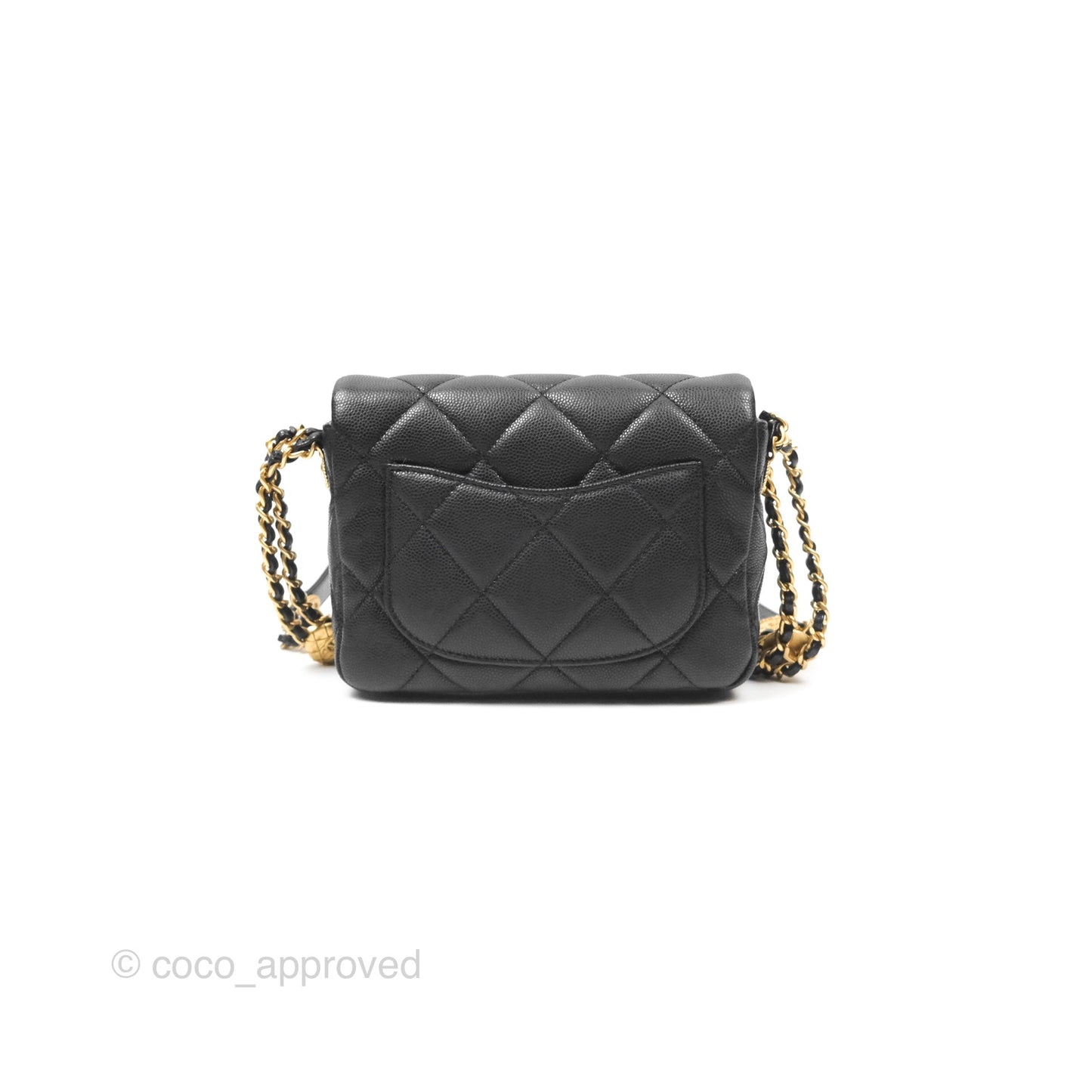 Chanel Mini Flap with Coin Charm Black Caviar Aged Gold Hardware 22A