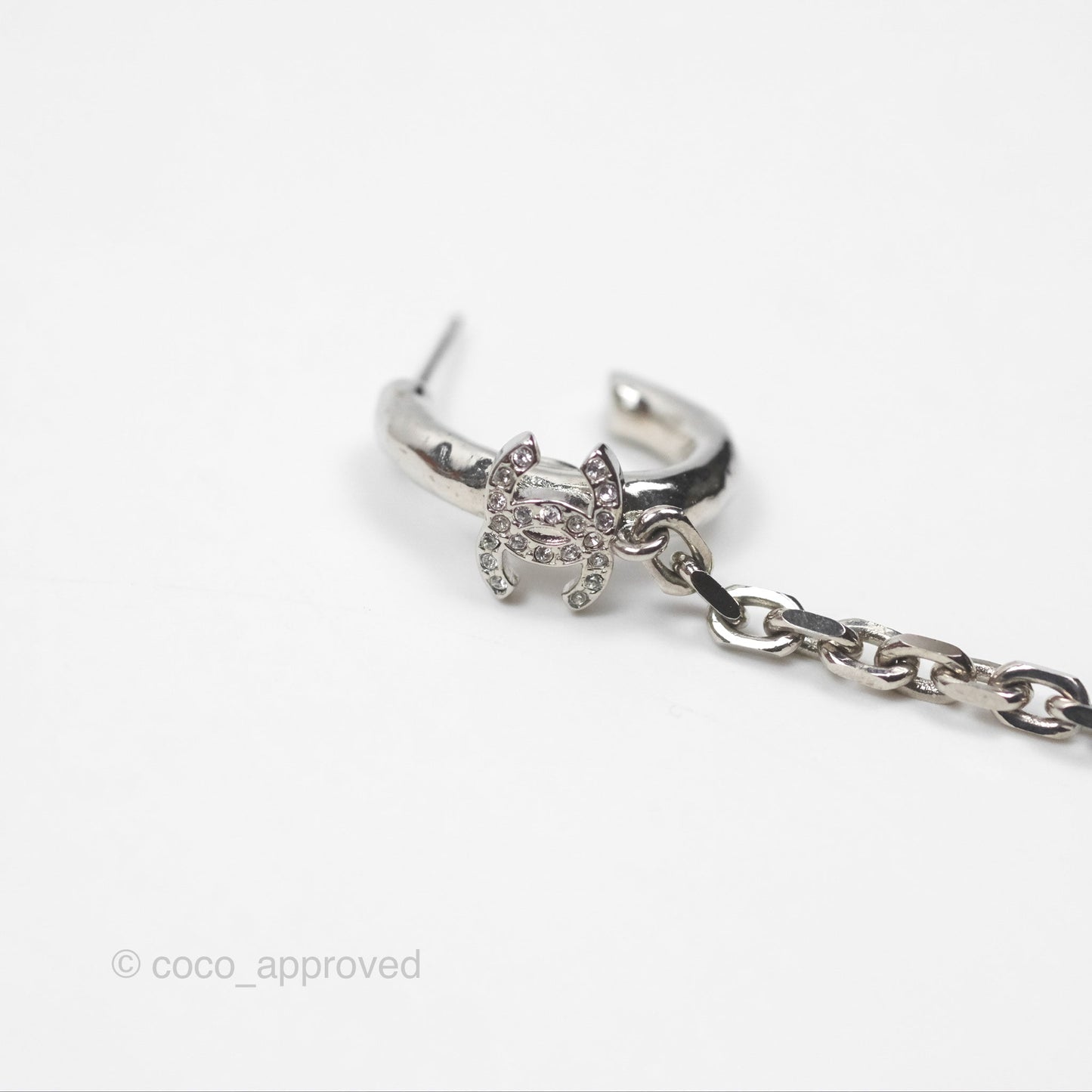 Chanel Crystal CC Chain Earrings Ear Cuff Silver Tone 22A