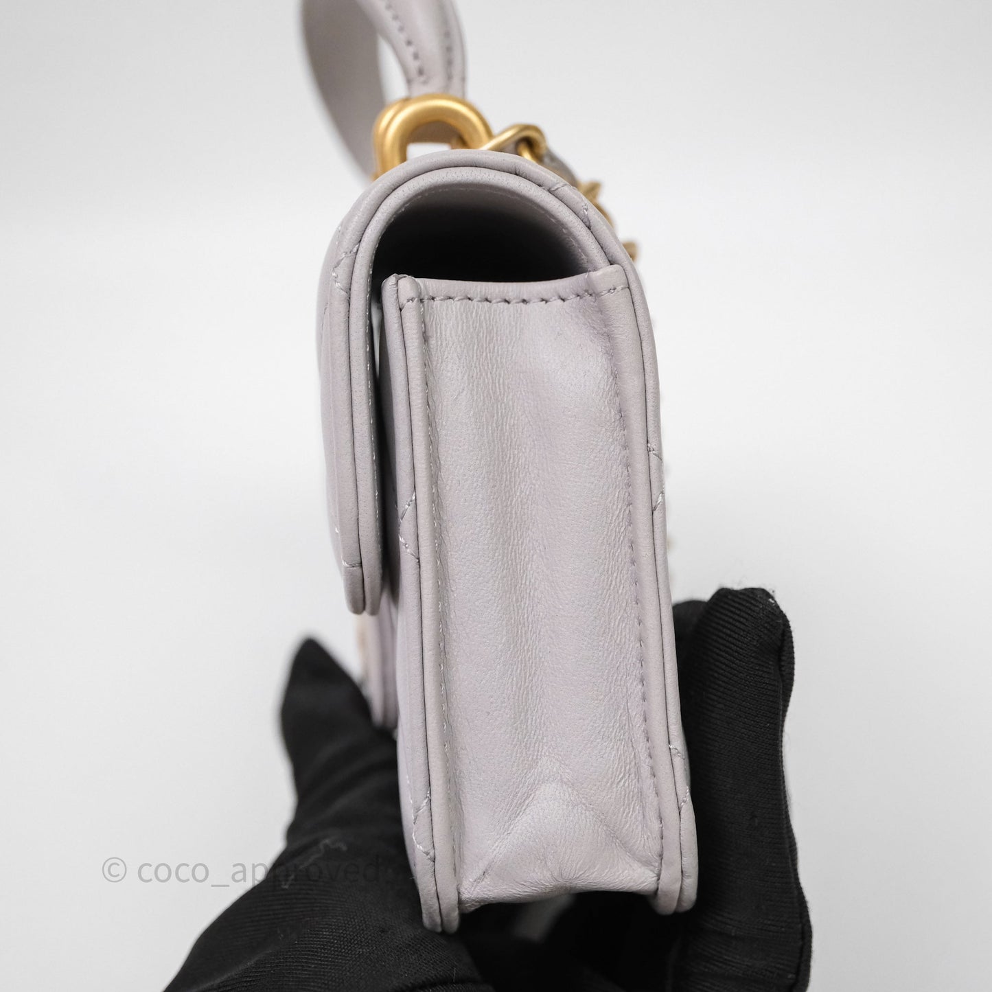 Chanel Mini Handle Flap Coin Purse With Chain Grey Lambskin Aged Gold Hardware