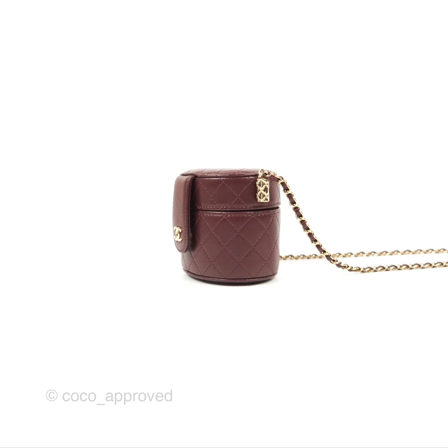 Chanel Quilted Round Vanity Clutch With Chain Burgundy Lambskin Gold Hardware