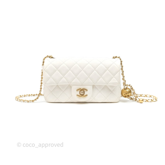 Chanel Mini Rectangular Pearl Crush Quilted White Lambskin Aged Gold Hardware