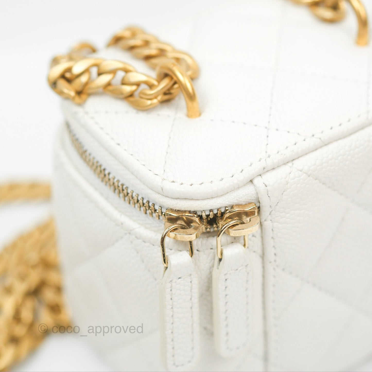 Chanel Quilted Heart Crush Mini Vanity With Chain White Caviar Aged Gold Hardware