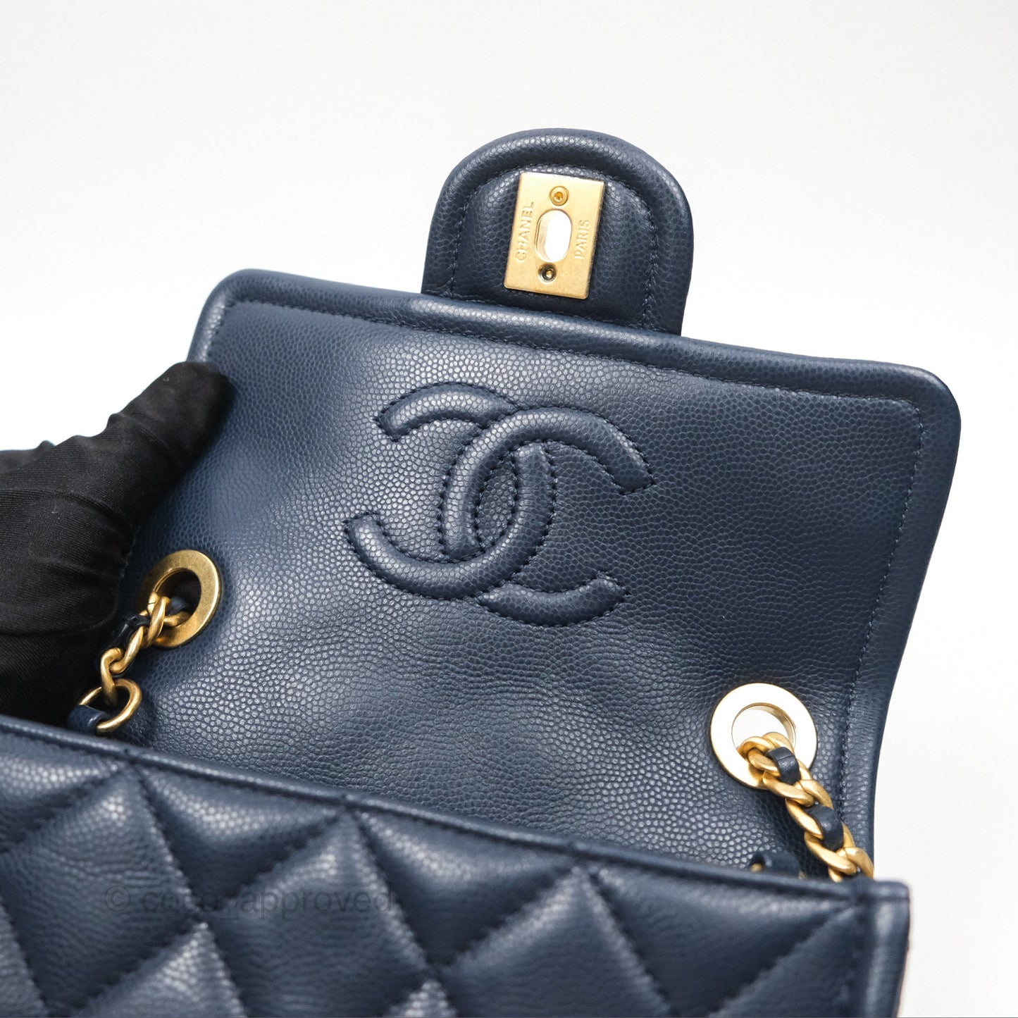 Chanel Mini Square Sweet Quilted Flap Navy Caviar Aged Gold Hardware 21P
