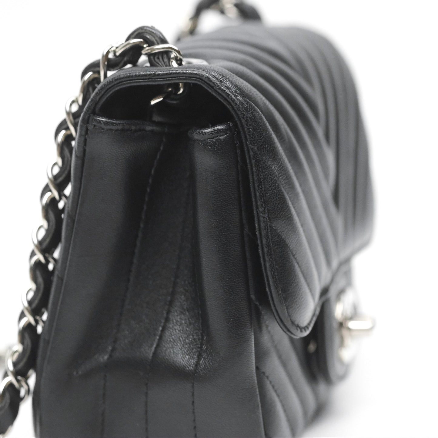 Chanel Mini Square Black Chevron Lambskin Silver Hardware