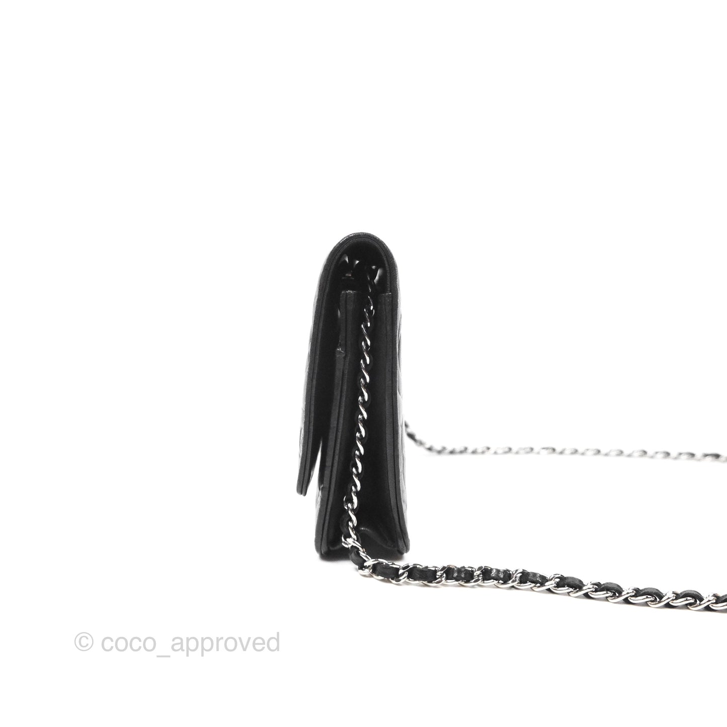Chanel Camellia Embossed Wallet on Chain WOC Black Lambskin Silver Hardware
