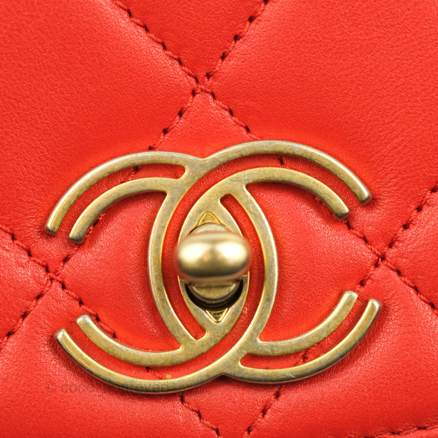 Chanel Top Handle Flap Bag Red Lambskin Aged Gold Hardware