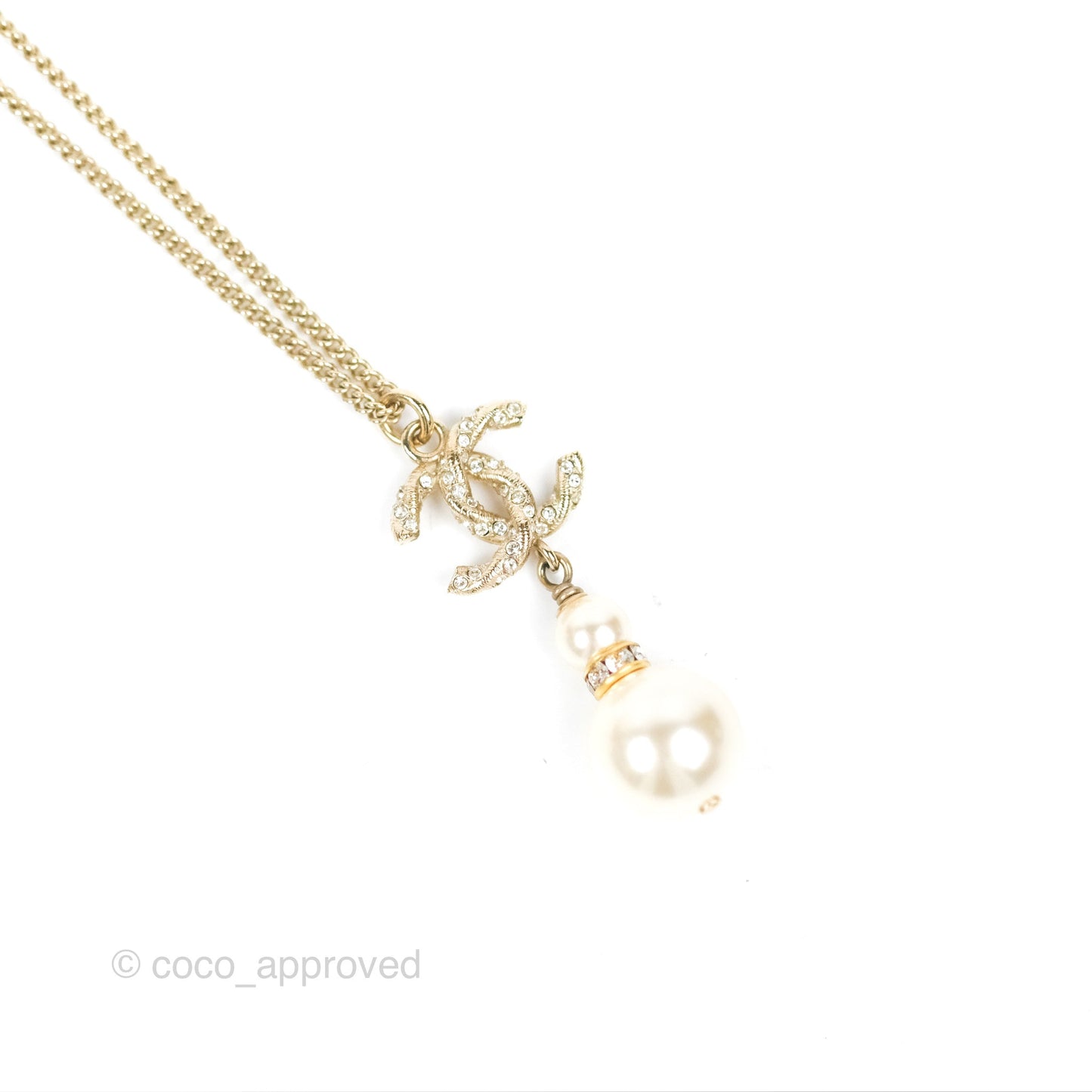 Chanel Crystal Pearl CC Drop Necklace Gold 18B