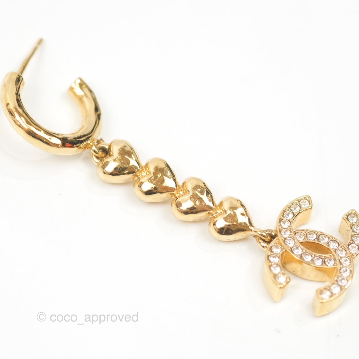 Chanel Crystal CC Heart Drop Earrings Gold Tone 23P
