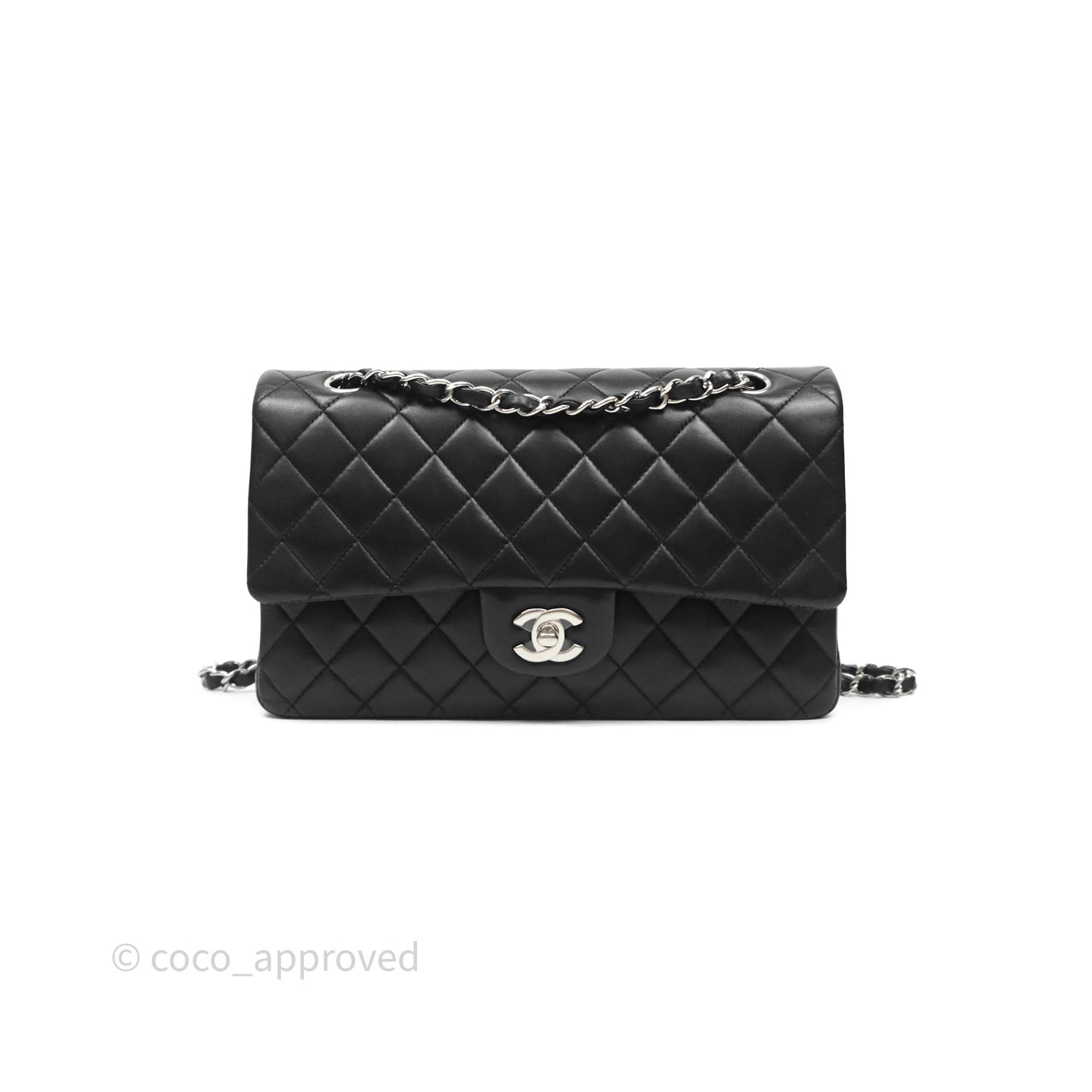 Chanel Classic M/L Medium Flap Quilted Black Lambskin Silver Hardware
