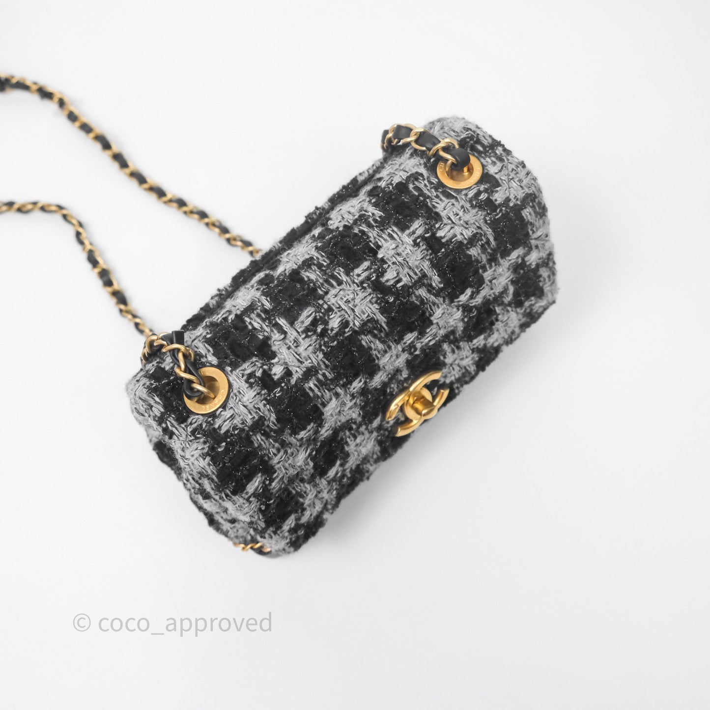 Chanel Mini Flag Bag Black & Grey Tweed Aged Gold Hardware