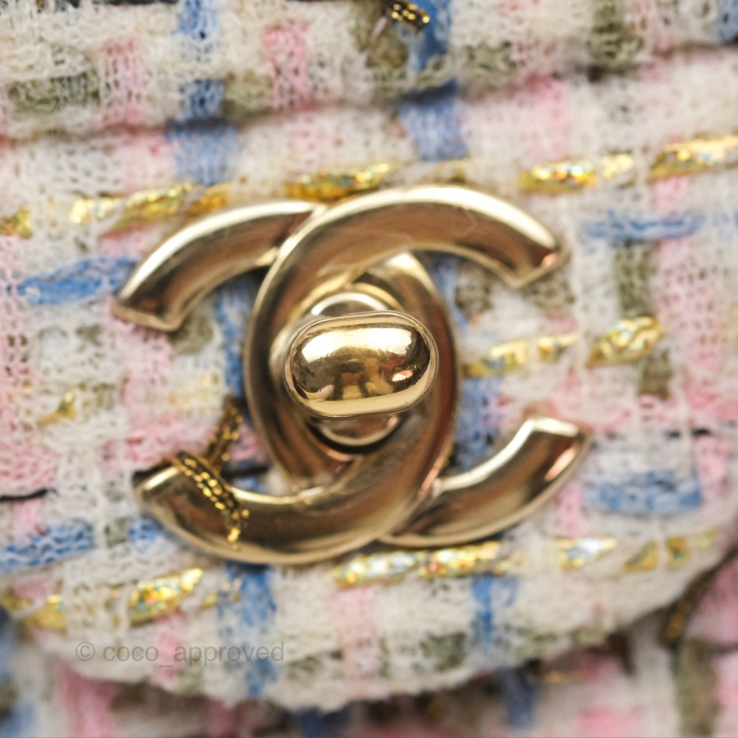 Chanel Mini Rectangular Flap Pink/ Blue/ Gold Tweed Gold Hardware