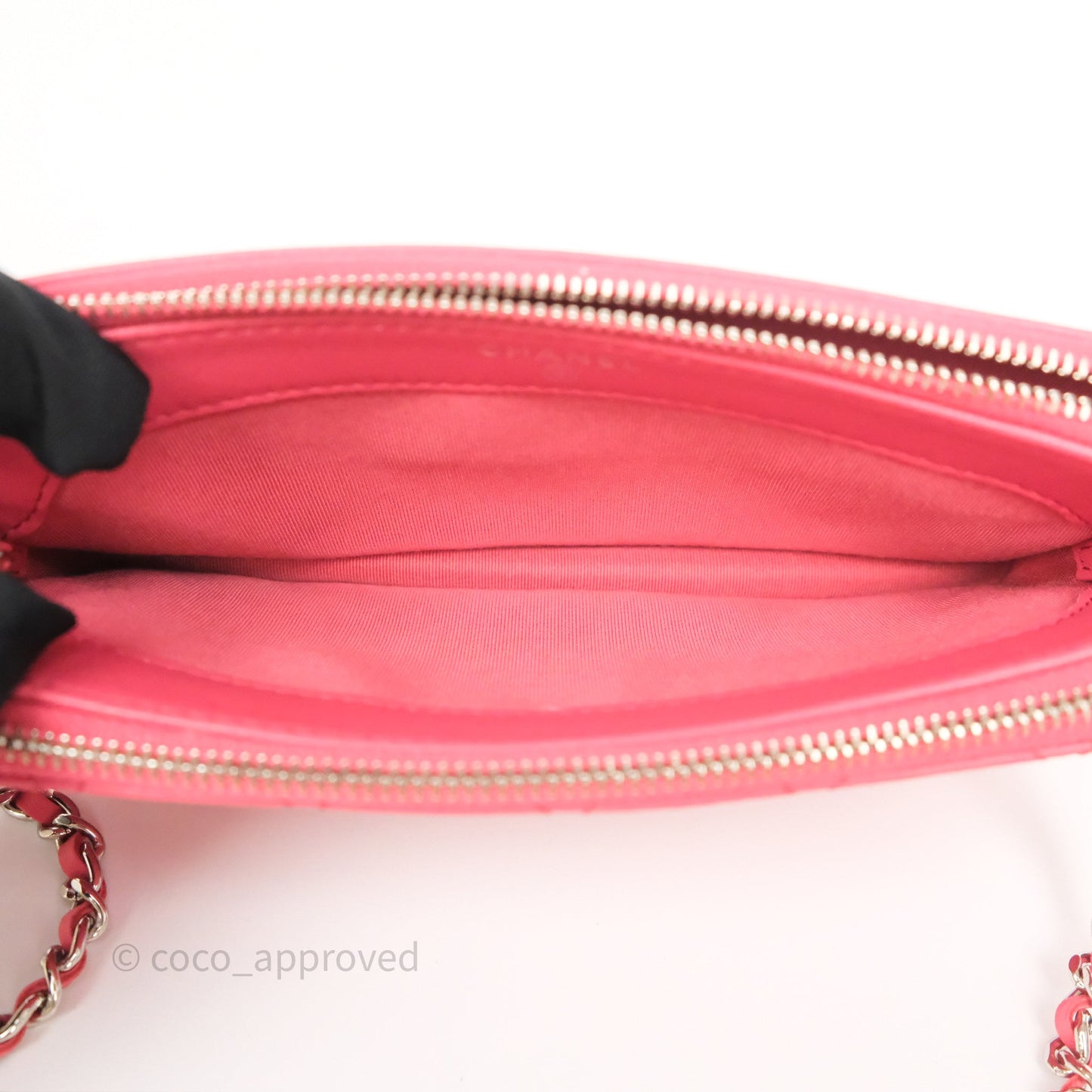 Chanel Double Zip Clutch On Chain Dark Pink Lambskin Silver Hardware